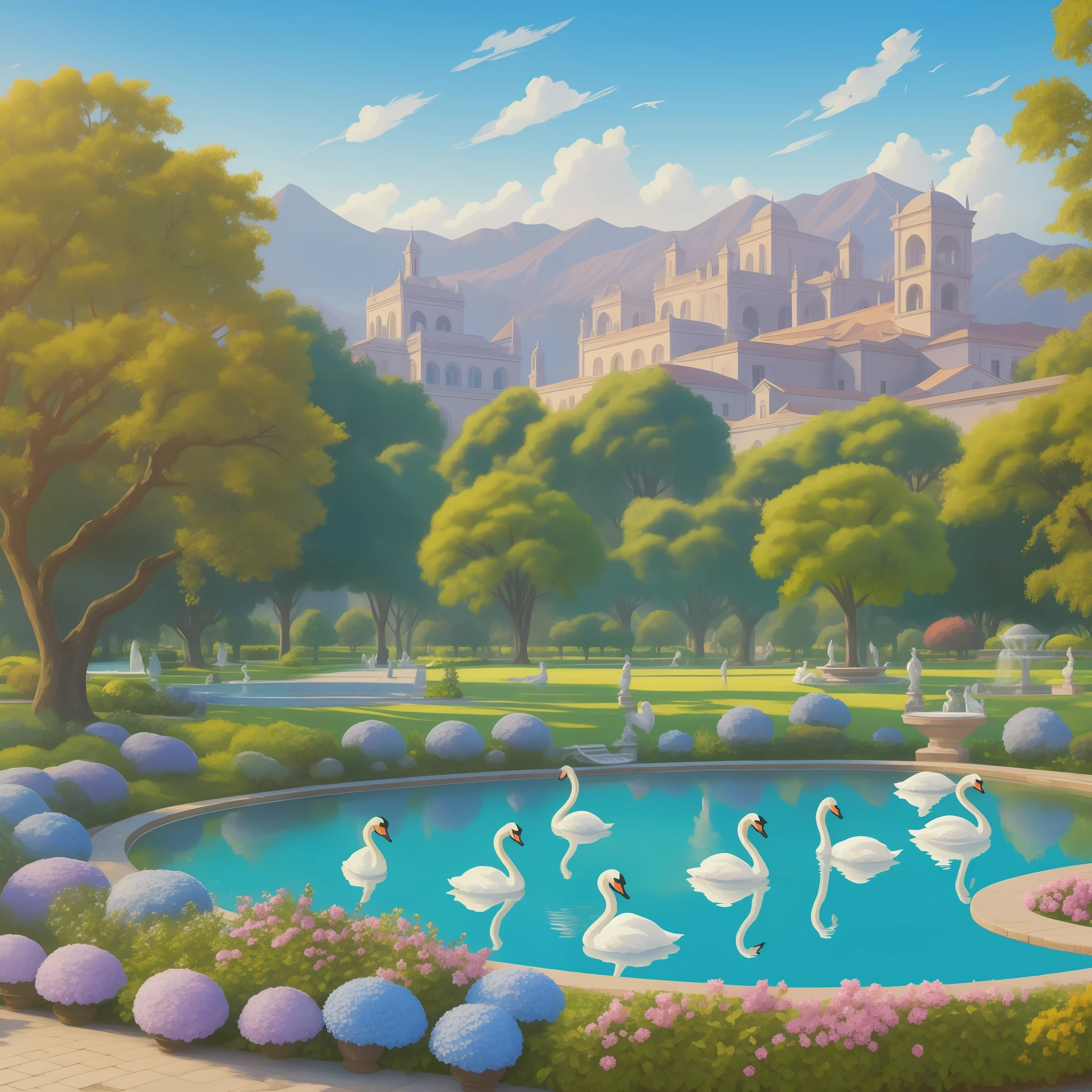 Park with exotic trees, old lake benches with swans, pavao na calçada rosaleda, hydrangeas a fountain with angels and chafariz mountains in the background, intricate details, with whatercolor outlines splach modern digital painting
