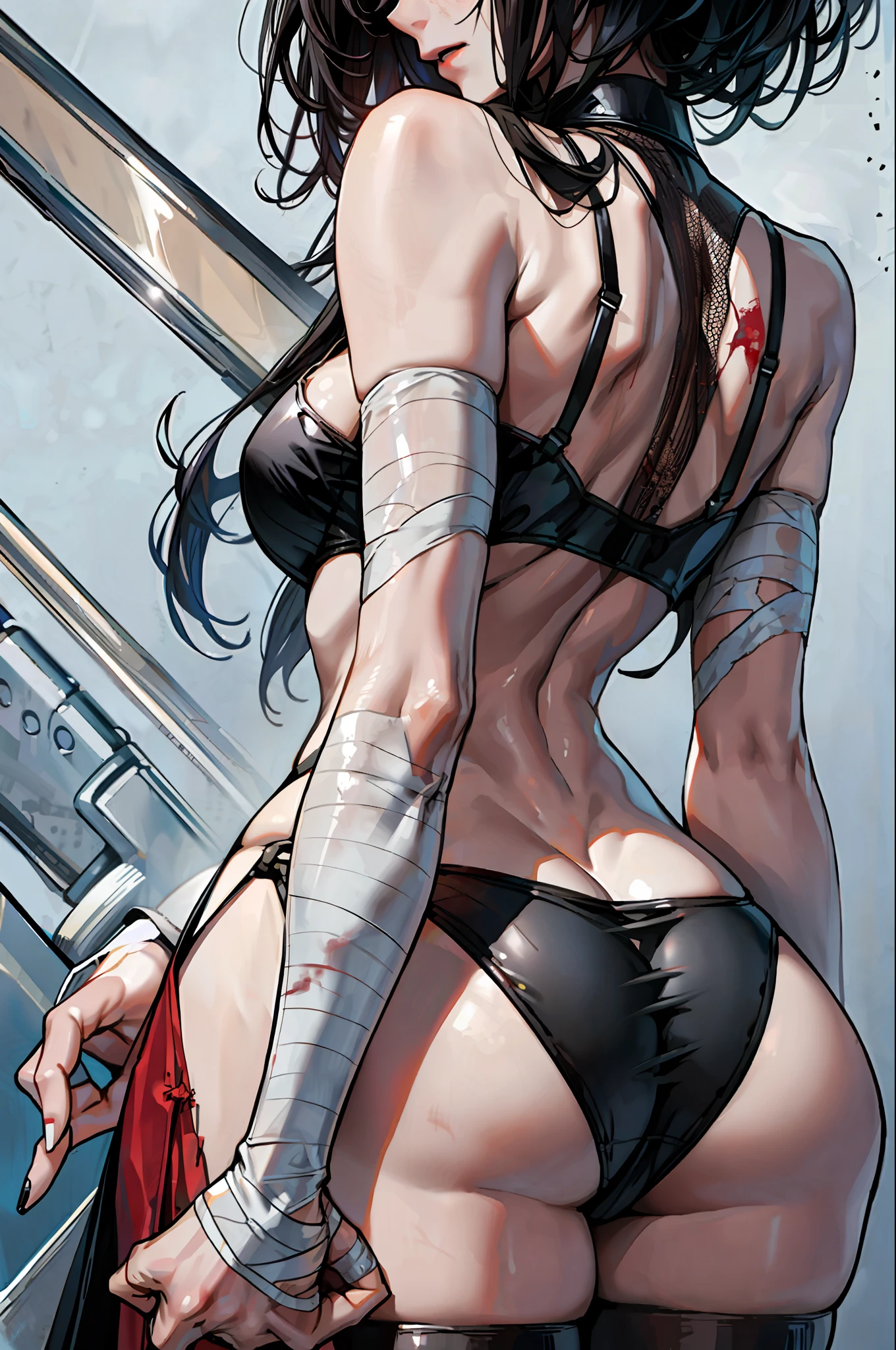 ((masterpiece, best quality)), (1girl), (solo), (female focus), yoru \(chainsaw man\),(very detailed face, real image, realistic white skin, realistic body, intricate details), from behind, back, Butt focus, Ass focus, big ass,full body, lingerie, blood, blood spread over the body, bandages over the body, black hair, bandages, bloody bandages, large thighs