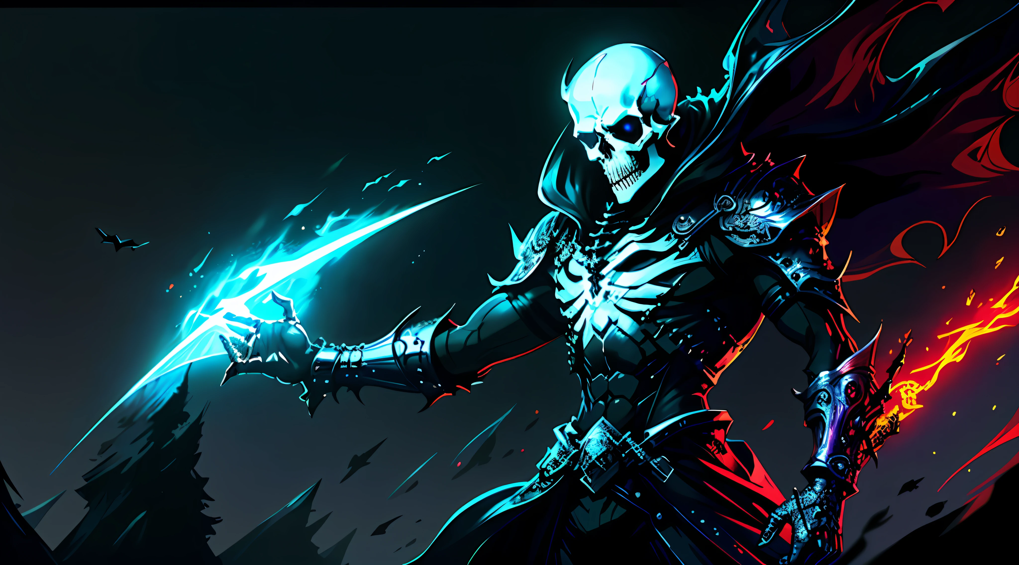 (8k unit wallpaper CG extremely detailed, masterpiece, best quality, ultra-detailed), (((solo))), ((extremely wide shot:1.15)), a dark being with skull face, light sword, in his lair, colorful, (dynamic pose:1.5), ((upper body:1.15)), (high details), (intricate details), colorful, intricate, medieval, intense environment, sinister, dark, evil, detailed environment, incredible high details, ((matte painting)), highly detailed environment, illustrator, (masterpiece).