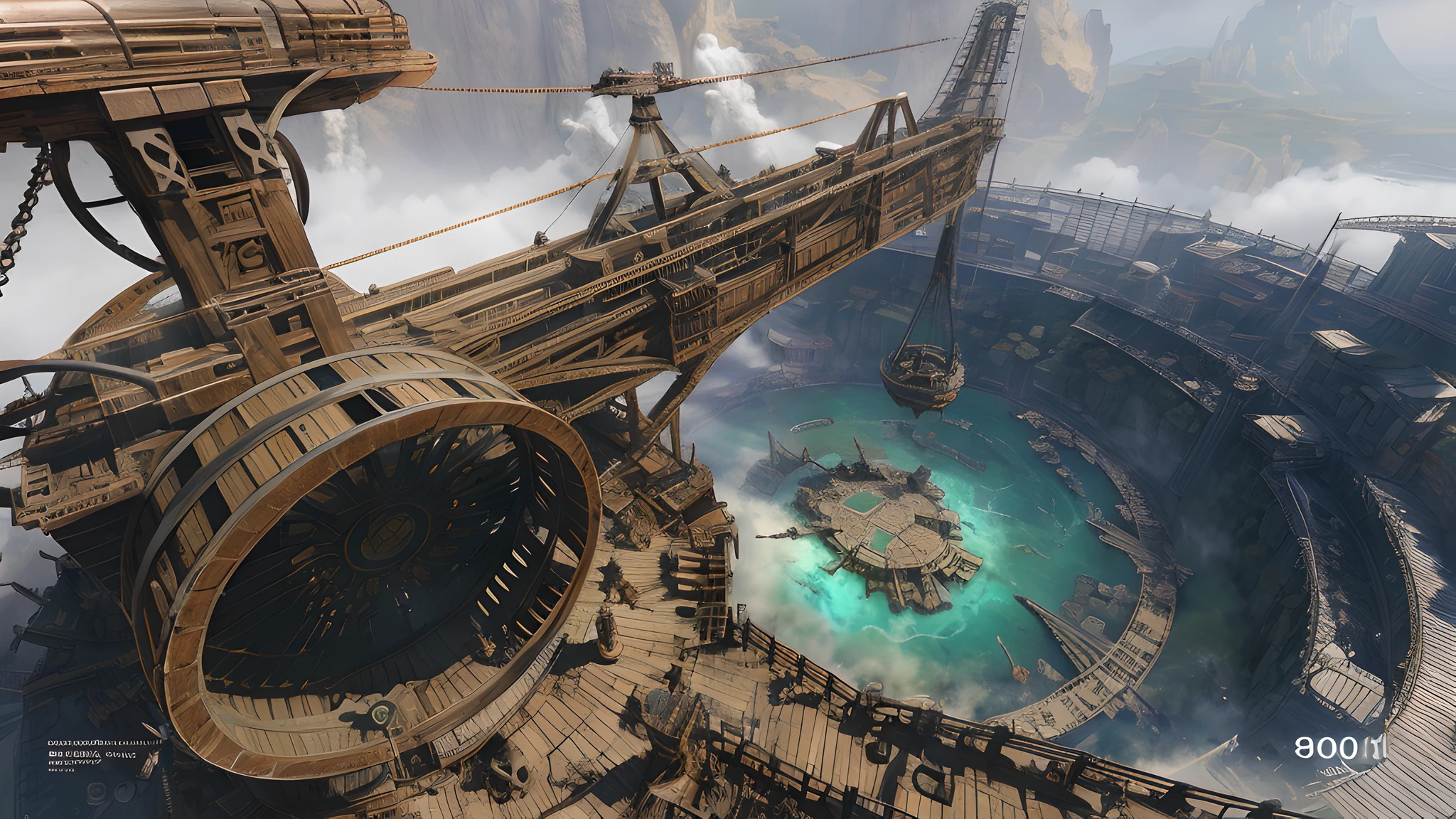 Overhead view of a large crane discharging various materials into the bottom of sulphurous waters of a large deep and circular structure in which large ((skeletons of ancestral alien creatures))), 8K concept art of high detail, 4K concept art, 4K concept art, detailed 4K concept art, steampunk concept art, highly realistic concept art,  Ancient Steampunk City, award-winning concept artist, Hyperdetailed concept art, fantasy style 8 K octane render