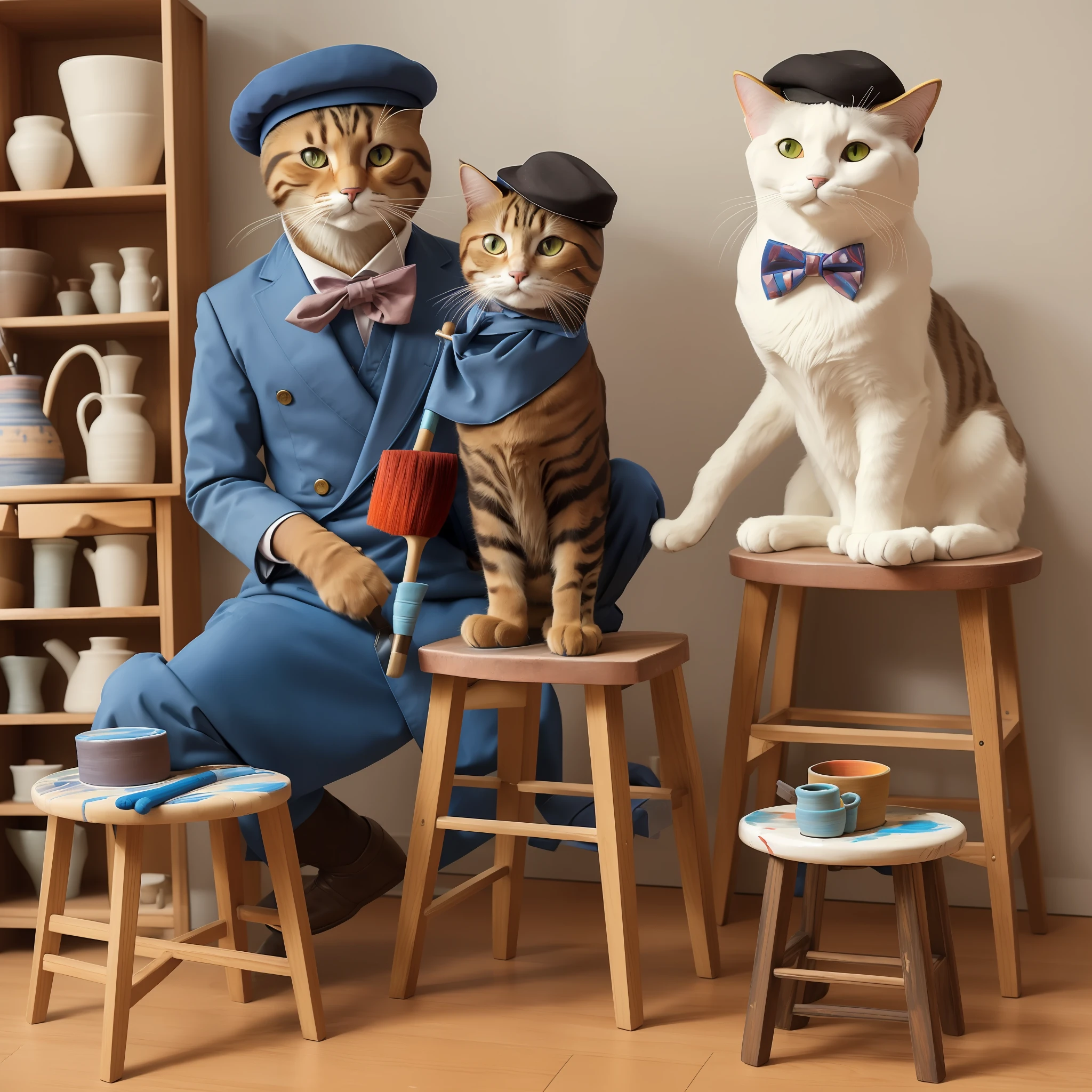 ((anthropomorphic)) humanoid cat, artist, ((solo)), sitting on a wooden stool, (painting a beautiful ceramic vase with a brush in its paw), beret, bowtie, surrounded by different colored paints and pottery equipment.