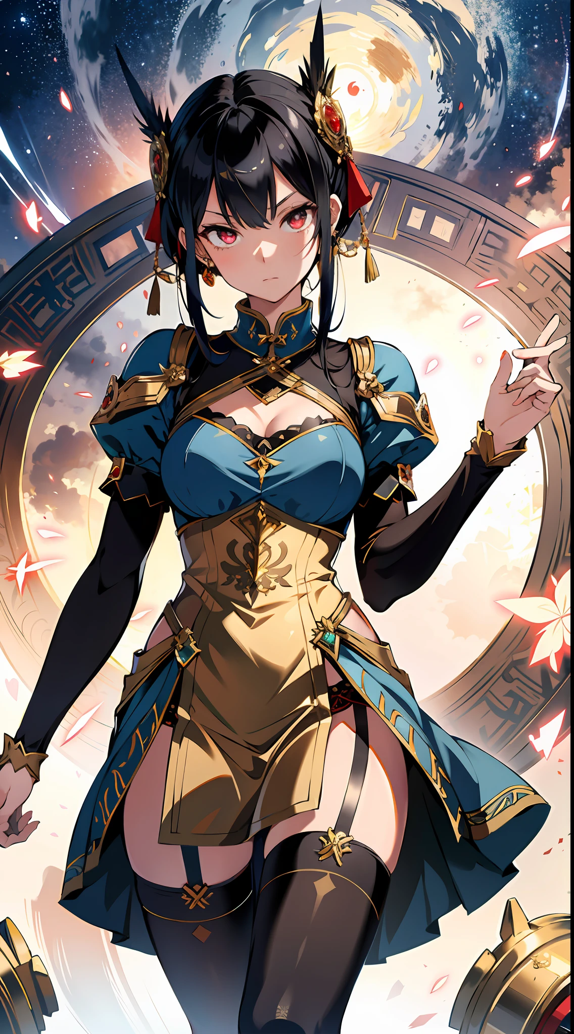absurd res, high res, (masterpiece:1.4), ultra-detailed, 1girl, from front, space, floating, gold Chinese dress, ocean blue dress, stockings, black hair, crimson eyes, red eyes, garter belt, the gap, angry expression, yandere