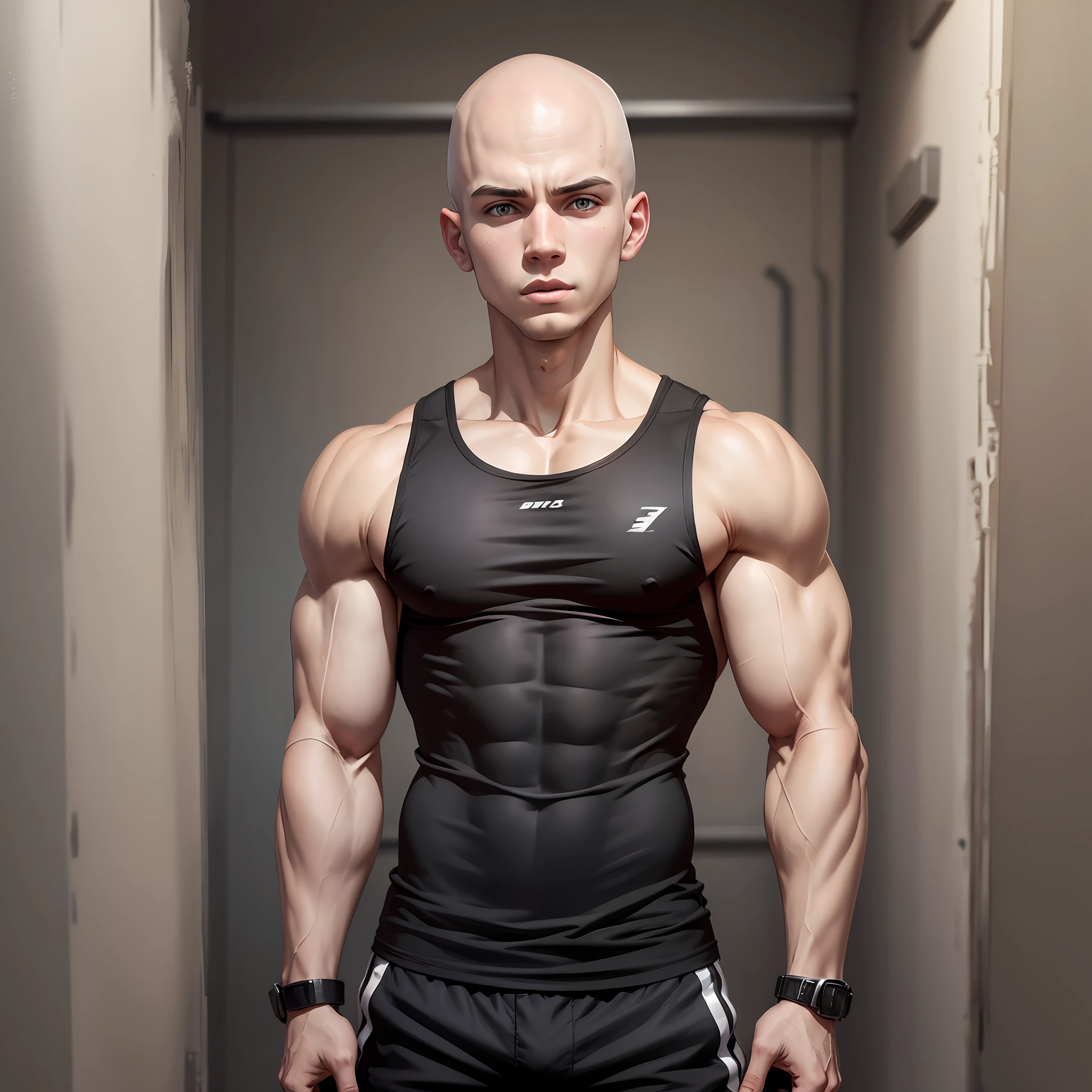 White-skinned boy, front, muscular, bald, wearing a black tank top --auto --s2
