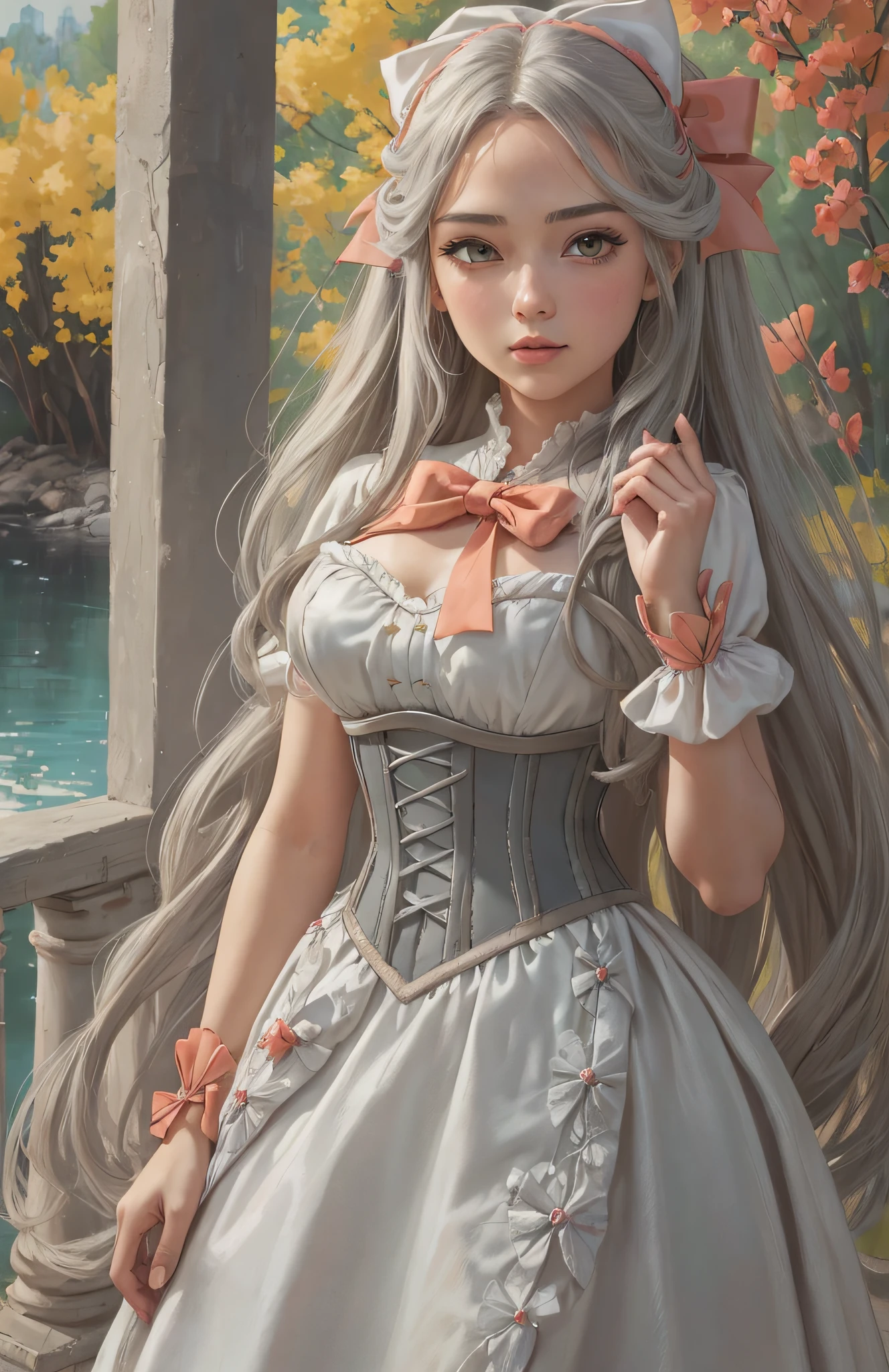 ((masterpiece, best quality)), anime girl with waist-long gray hair, wearing a stunning white peasant-style party dress decorated with coral-colored details and a beautiful bow, complete with a figure-flattering corset.