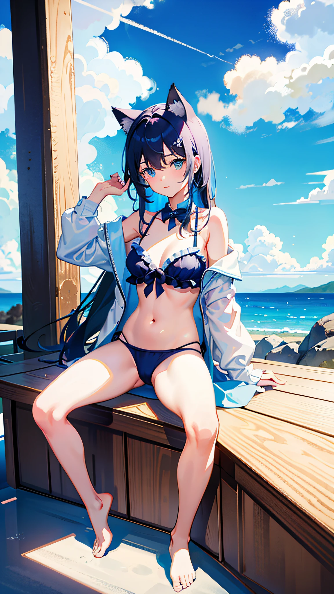 Masterpiece, top quality, meteorites
clouds, swimsuit, cat-eared girl, full body, far shot, bikini, sky, side tie_bikini, barefoot, chest, solo, blue_sky, looking_at_viewer, cloudy_sky, blue_bikini, sitting, long_hair, navel, day, front tie_top, build, front tie_bikini, off_shoulder, bare_shoulders, spread your legs