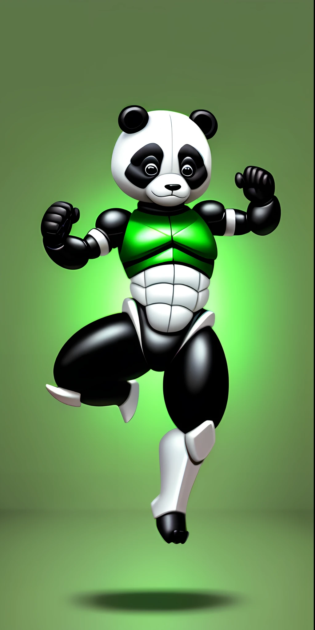 Cartoon of robocop panda bear in green color full body, cute with movement jumping in attack