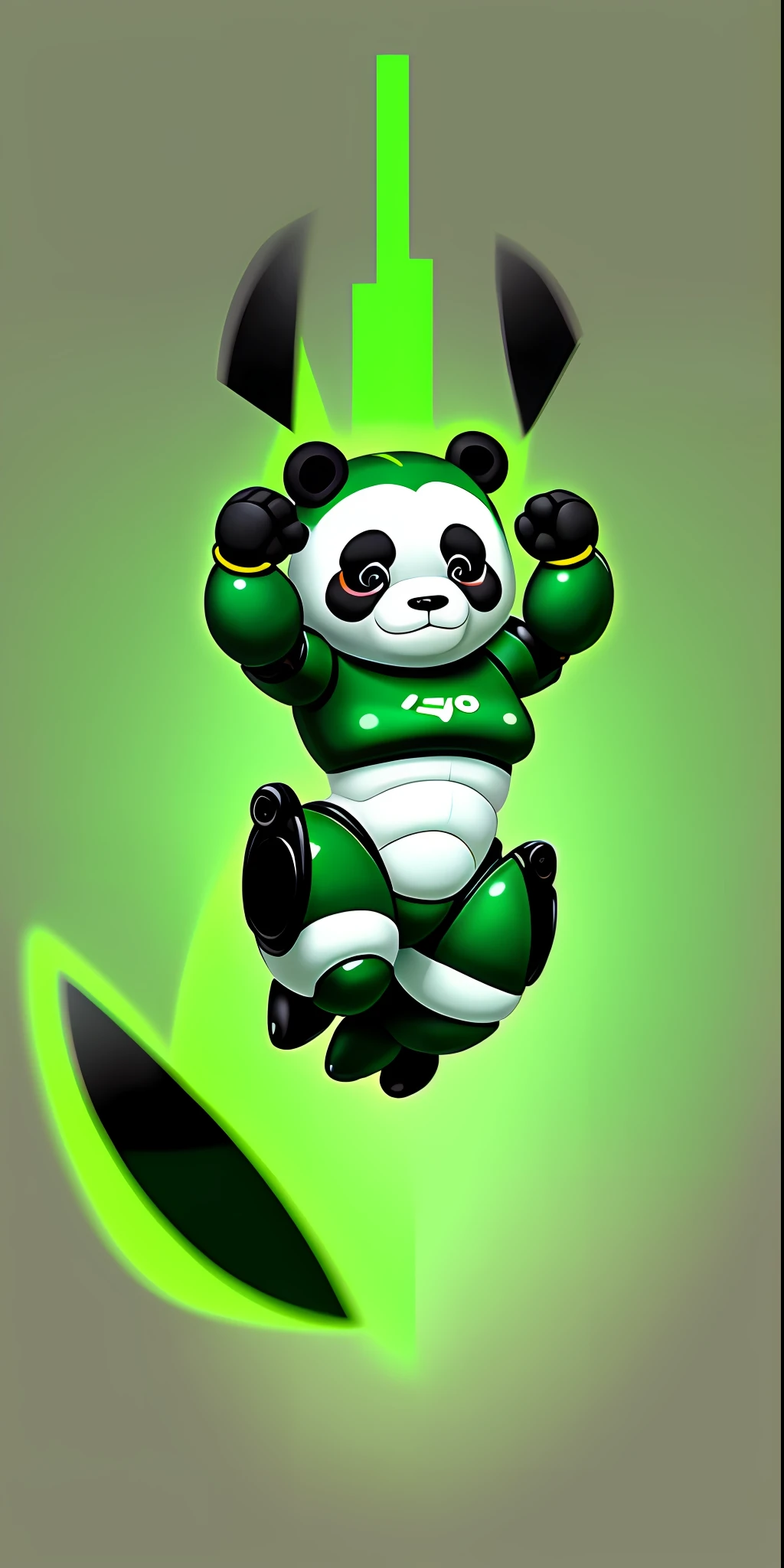Cartoon of robocop panda bear in green color full body, cute with movement jumping in attack