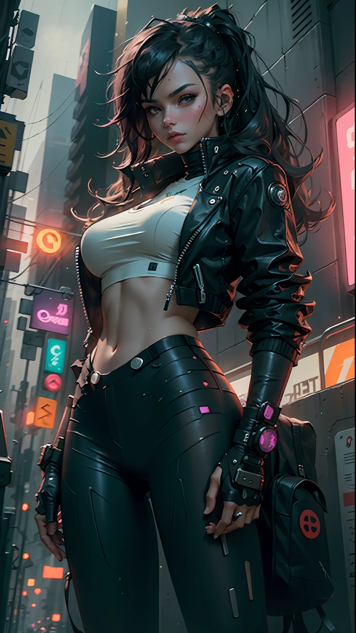 Cyberpunk neko catgirl with cyberpunk prosthetics, cat ears, tech jacket, big breasts, long hair, ((dynamic pose)), rainy wet cyberpunk city streets background, futuristic style, Sci-fi, hyper detailed, photorealism, hyper realism, painting, 8K, HD, super resolution , Cinematic lighting, Long Exposure, 8K, HD, Super-Resolution, upper body photograph.