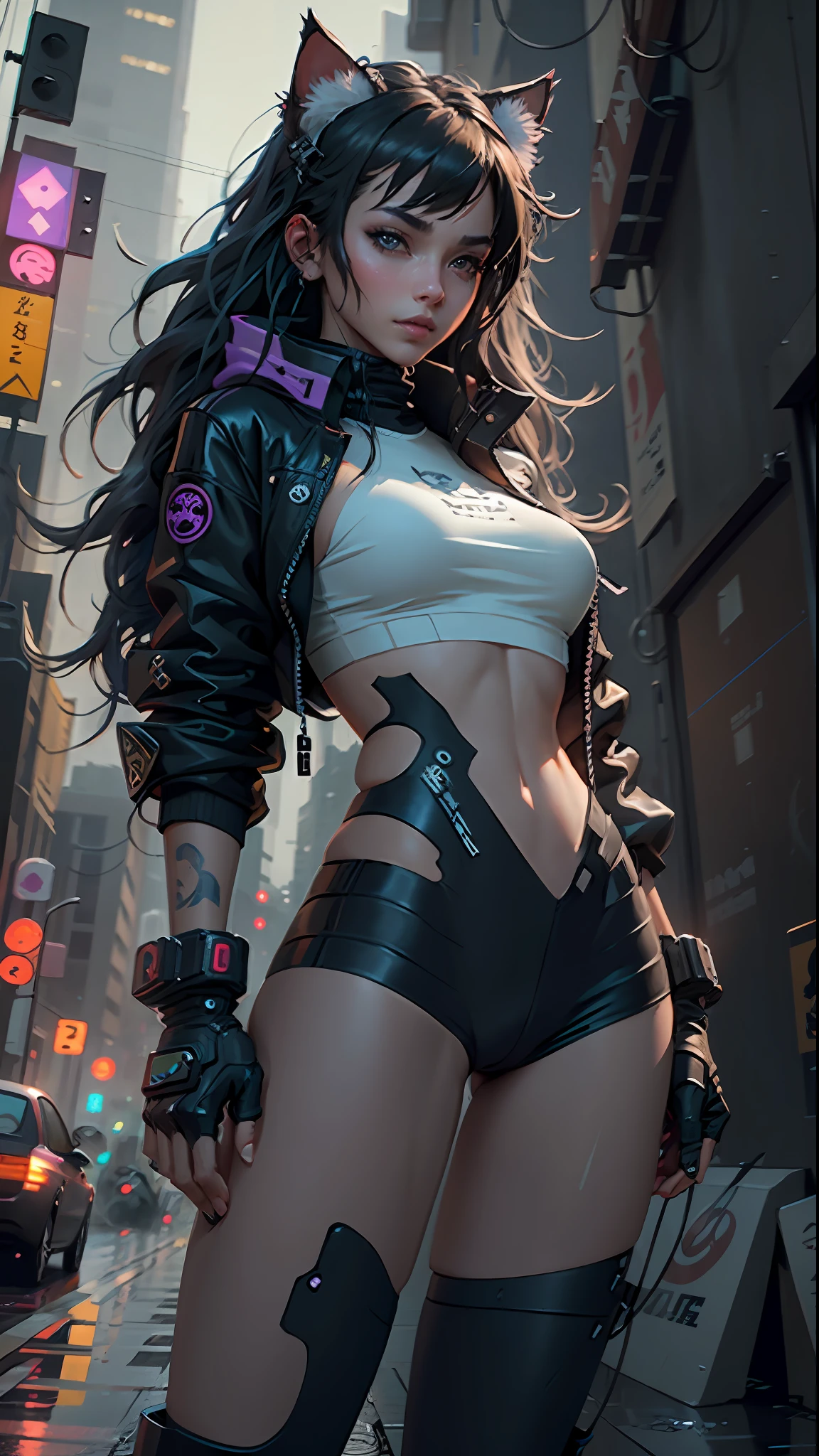 Cyberpunk neko catgirl with cyberpunk prosthetics, cat ears, tech jacket, big breasts, long hair, ((dynamic pose)), rainy wet cyberpunk city streets background, futuristic style, Sci-fi, hyper detailed, photorealism, hyper realism, painting, 8K, HD, super resolution , Cinematic lighting, Long Exposure, 8K, HD, Super-Resolution, upper body photograph.