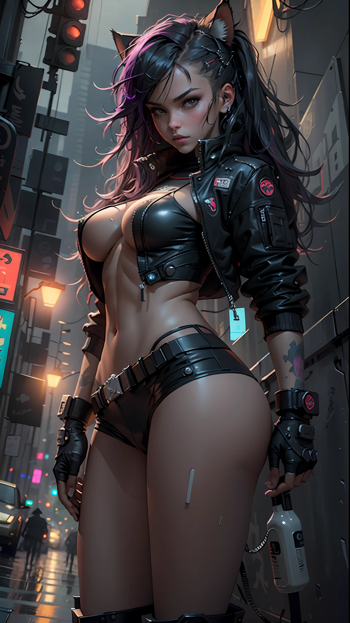 Cyberpunk neko catgirl with cyberpunk prosthetics, cat ears, tech jacket, big breasts, long hair, ((dynamic pose)), rainy wet cyberpunk city streets background, futuristic style, Sci-fi, hyper detailed, photorealism, hyper realism, painting, 8K, HD, super resolution , Cinematic lighting, Long Exposure, 8K, HD, Super-Resolution, upper body photograph.