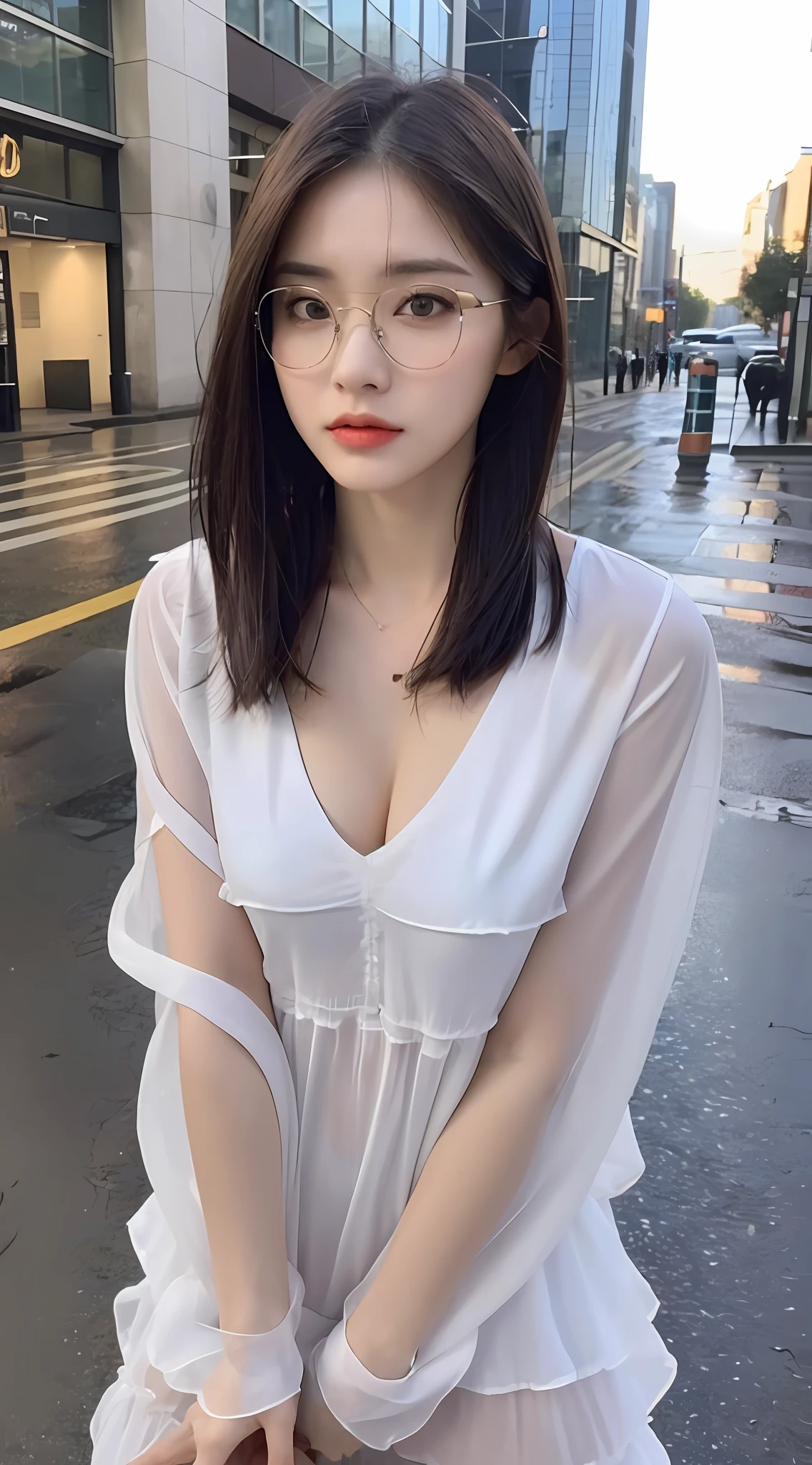 ((Top Quality, 8k, Masterpiece: 1.5)), Focus: 1.2, Perfect Body Beauty: 1.4, Ass: 1.9, ((Layered Haircut, Chest: 2.5), (Wetwear: 1.9), (Rain, Street: 1.3), Bando Dress: 1.1, Highly Detailed Face and Skin Texture, Fine Eyes, Double Eyelids, Whitened Skin, Long Hair, (Silent: 1.3), Glasses、