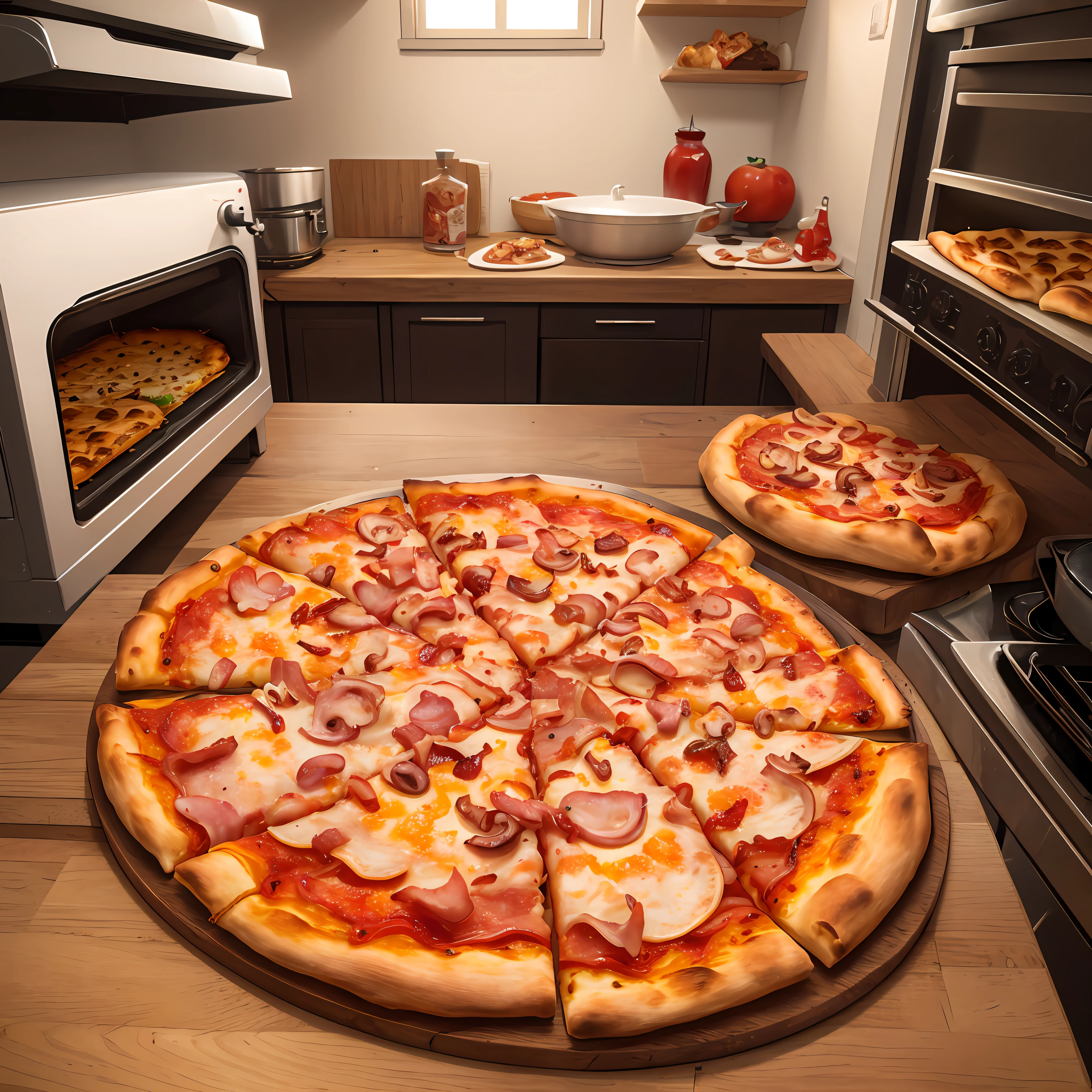 crispy pizza with mozzarella, ham, salaminho, mushrooms, tomato sauce, bacon, on a plate, divided into 8 slices, on a wooden table, very beautiful, with an oven at the back of the room