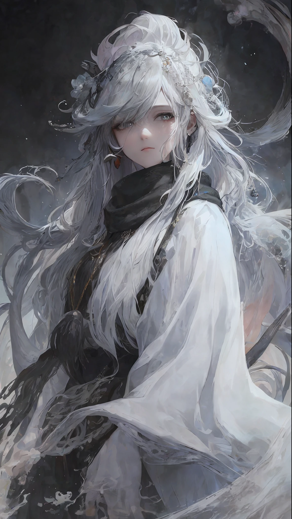 a close up of a woman with a white hair and a black scarf, a character portrait by Yang J, pixiv contest winner, fantasy art, white haired deity, beautiful character painting, artwork in the style of guweiz, the piercing stare of yuki onna, guweiz, with white long hair, with long white hair, flowing hair and long robes