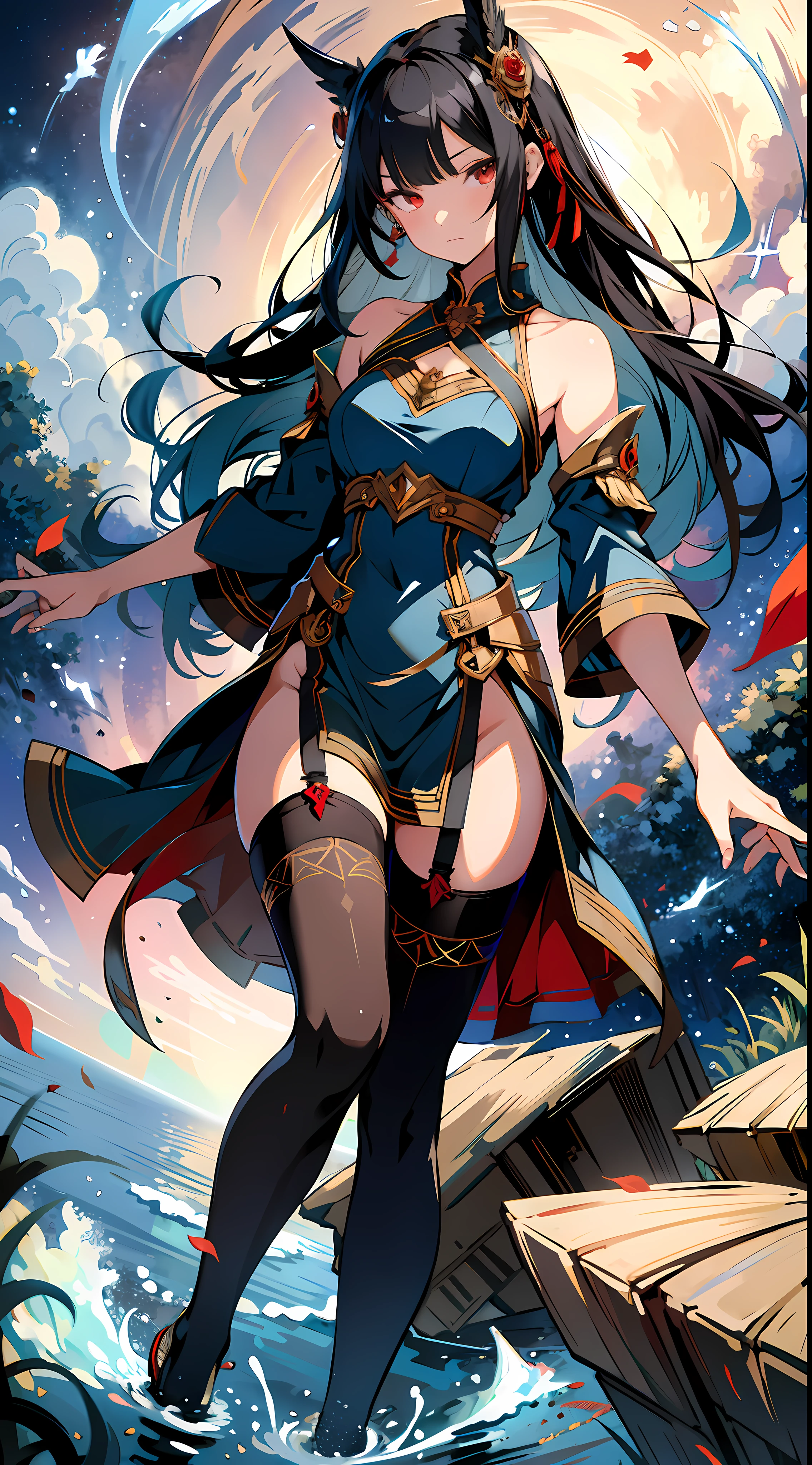 absurd res, high res, (masterpiece:1.4), ultra-detailed, 1girl, from front, space, floating, gold Chinese dress, ocean blue dress, stockings, black hair, crimson eyes, red eyes, garter belt, the gap, angry expression, yandere