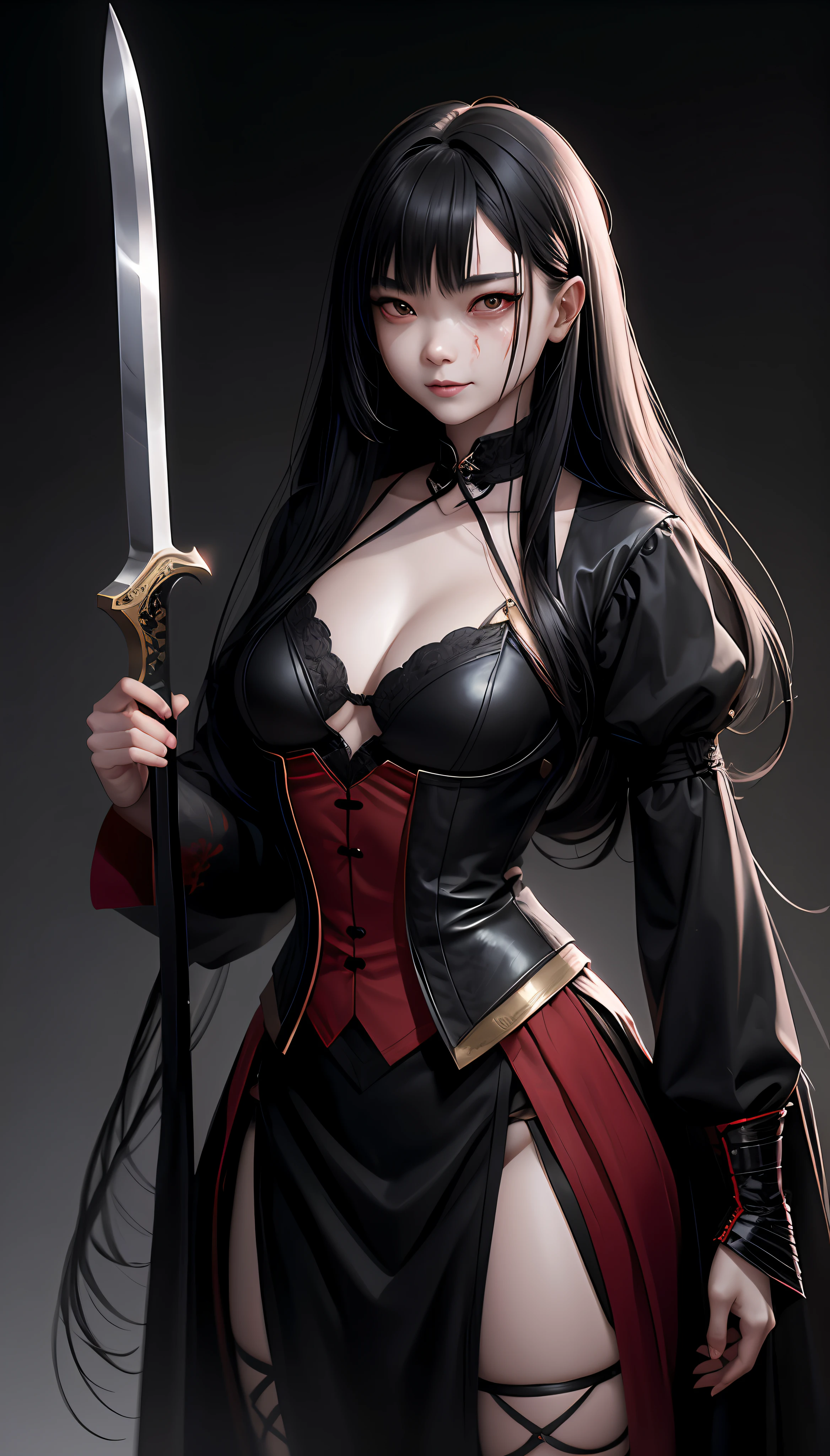 a asian girl, vampiric vibes, beautiful background, high detail face, smiling, beautiful face, high detail, realism, super realism, high quality, realistic portrait, highly detailed, digital painting, artstation, concept art, smooth, sharp focus, illustration, cinematic lighting, (flat chested:1.7), angry mad, bloodied, holding a sword