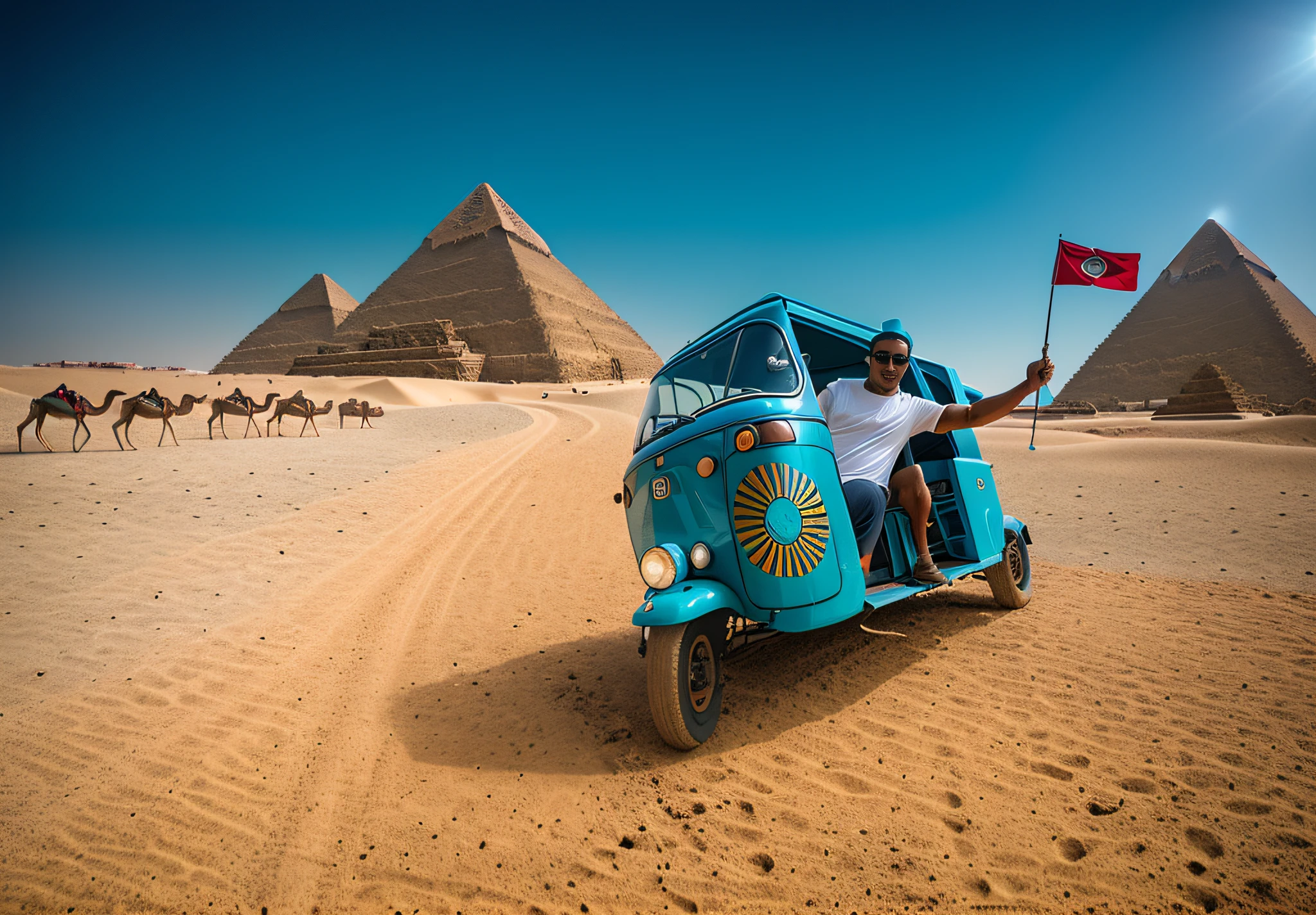 Use the same photo of prompt or ControlNet, identical: 1.6, Rubão17, photograph of Ruby: 1.5, driving an Egyptian Tuk Tuk in the freight of the pyramids, camels around, pueira, heat, tanned skin, use the same photo of ControlNet: 1.5, identical to the example photo: photo realism, realistic photo, intricate realism, cinematic light, 1.5, Randy Vargas, cinematic rendering