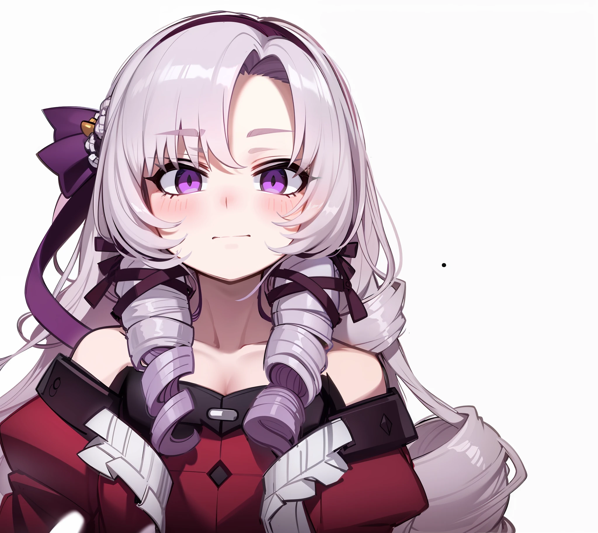 embarrassed, wide open eyes, troubled eyebrows, troubled face, blush, panic, one glow in the eyes, fluffy mouth, off-shoulder, purple ribbon, lilac hair, drill hair