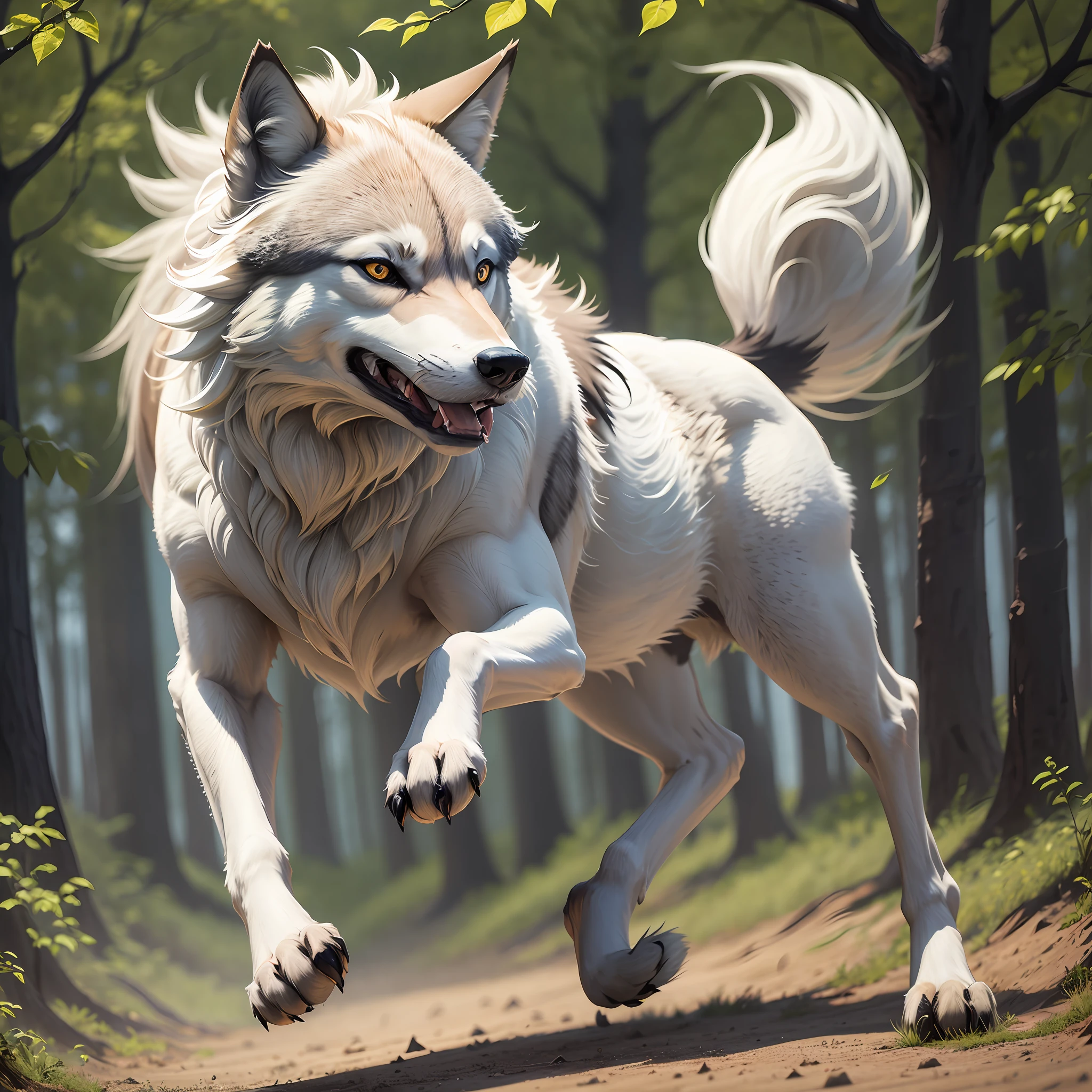 Wolf, running happily in a treeless field