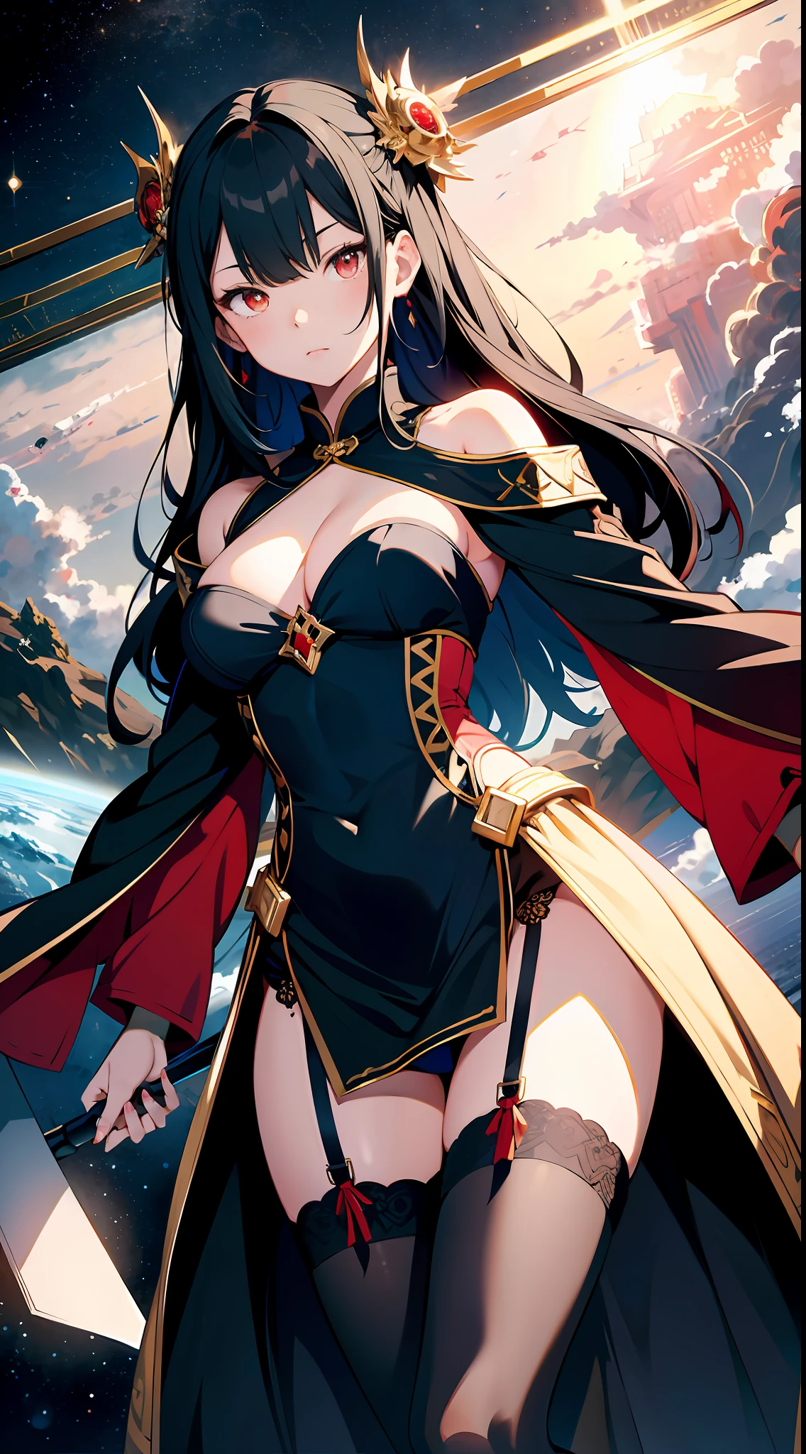 absurd res, high res, (masterpiece:1.4), ultra-detailed, 1girl, from below, space, floating, gold Chinese dress, ocean blue dress, stockings, black hair, crimson eyes, red eyes, garter belt, the gap, angry expression, yandere, full body, sole focus