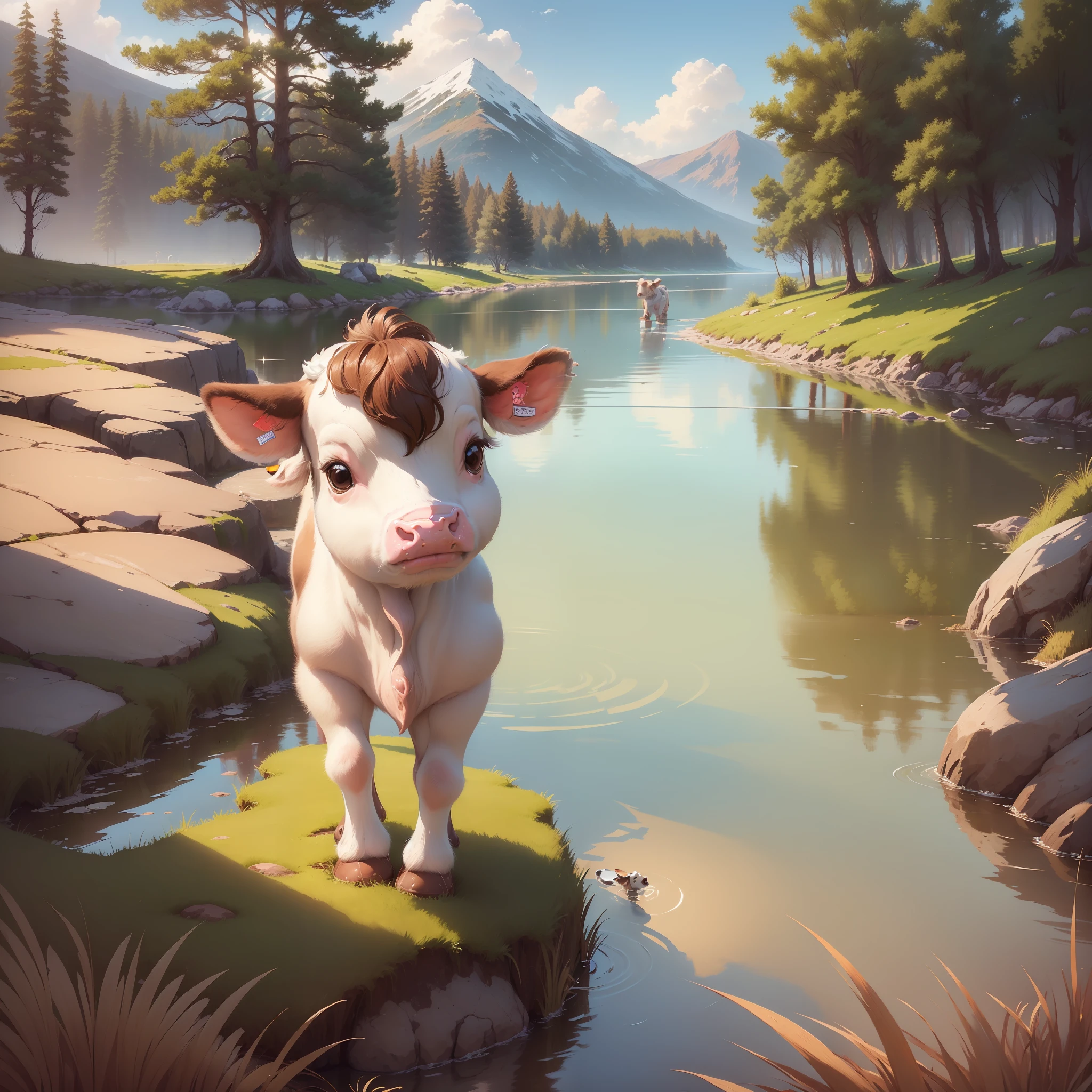 one ((((cute and adorable calf)))), (((brown and white))) and with (((big bright brown eyes)))), happy, standing in a field with a crystal clear lake in the background, Disney style, Pixar style, Chibi,