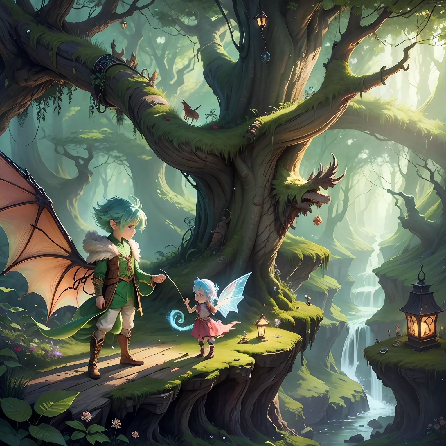 Dragon boy and fairy in enchanted forest, children's --auto --s2