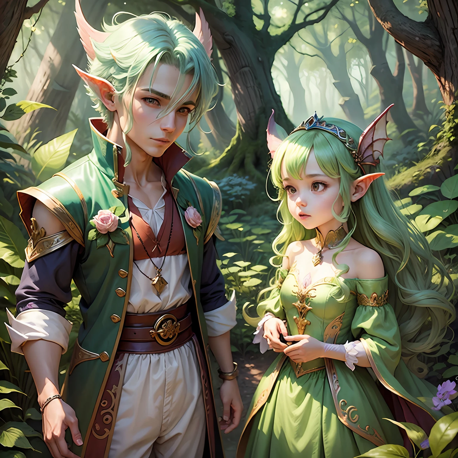 Dragon boy and fairy in enchanted forest, children's --auto --s2