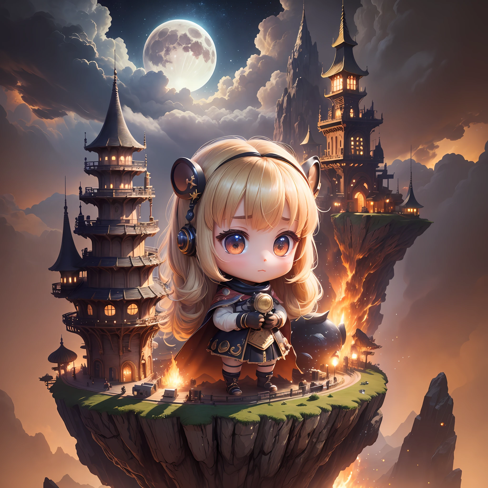 (4K resolution,masterpiece, best quality, ultra-detailed CG),dessert storm,highly detailed eyes, Chibi girl in the front,King Kong in the background,moon in the background,(detailed sandstorm: 1.1),Lua ao fundo (moon in the background):1.05.