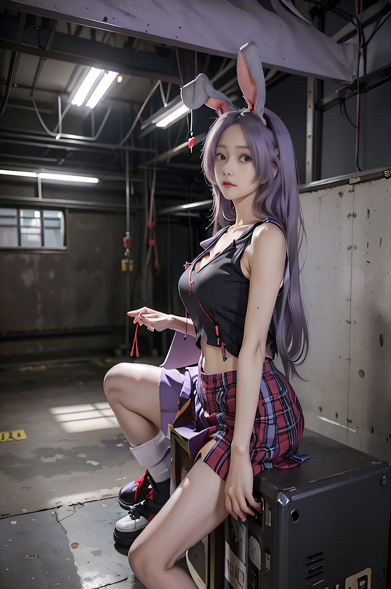 ((reisen udongein inaba)), ((Touhou Project)), Cosplay, ((Light purple hair)), ((Long hair)), ((Rabbit ears)), ((Red plaid skirt)), (((Black tank top)), Middle breast, ((Light clothing)))), (Pause))), ((Hospital)))), Full body, Slim body, Slim girl model, 18 year old female model, Devil's Smile, ((loudspeaker))