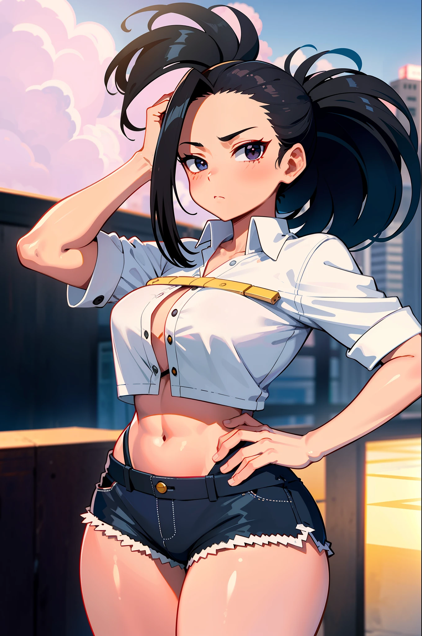 (masterpiece, best quality: 1.2), cowboy shot, solo, 1girl, yaoyorozu momo, anime screencap, city, long hair, black hair, gray eyes, looking at the viewer, lustful, closed mouth, ass, wide hips, short shirt, short shorts, unbuttoned shorts, erotica, back