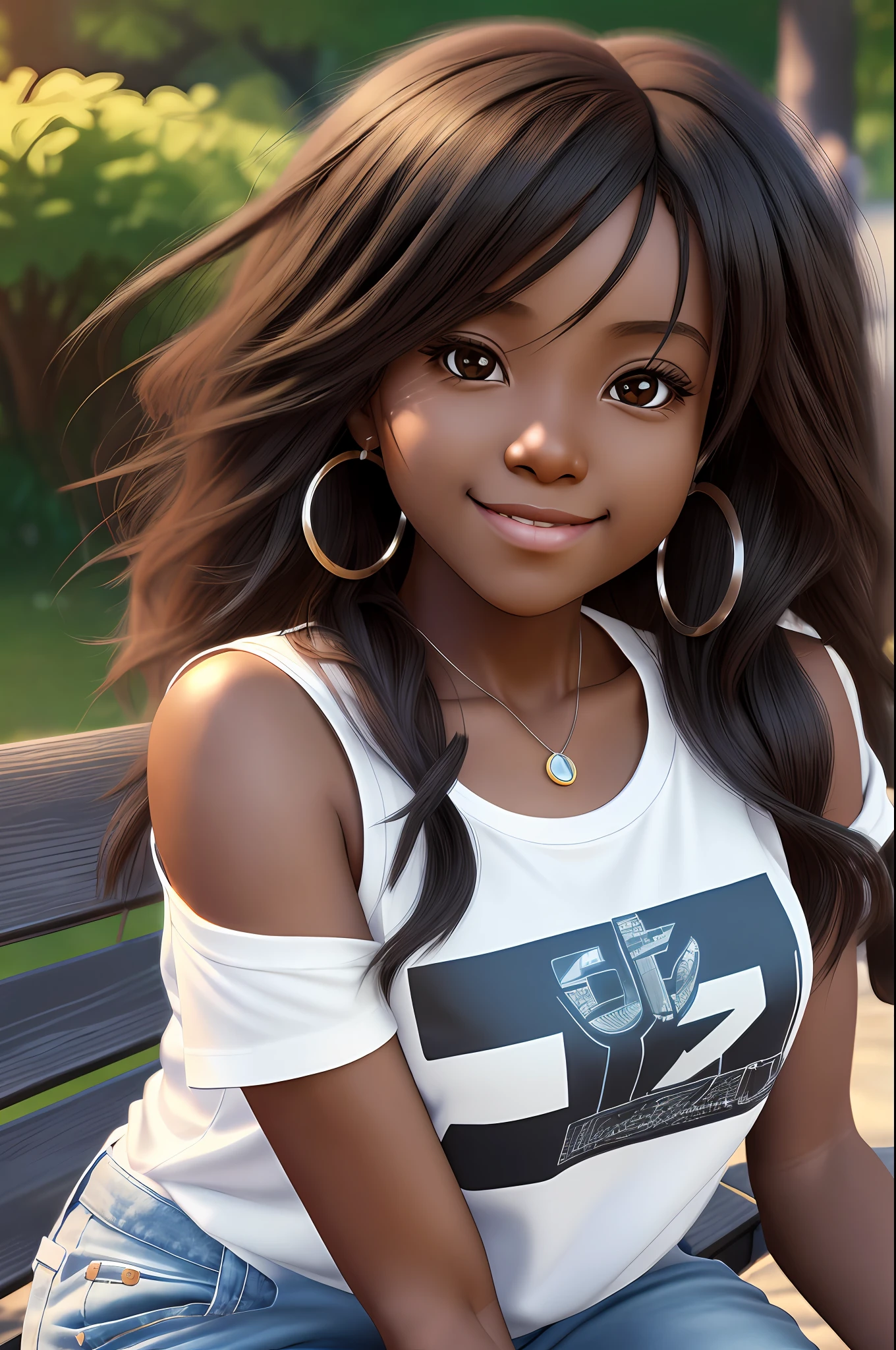 realistic portrait of cute 9 month old African American ((dark skin color)) drinking coffee, ((chibi)), cute smile, ((sitting on a park bench)), wearing white T-shirt and jeans, current fashion, long hair mega hair, ((kanekalon)), background dark lighting, close-up, product view, detailed facial details, perfect face, sharpness, trend art, sharp facial details, cgsociety, ultra high quality digital art , exquisite hyper details, 4k, 8k soft lighting, dreamy fashion --auto --s2
