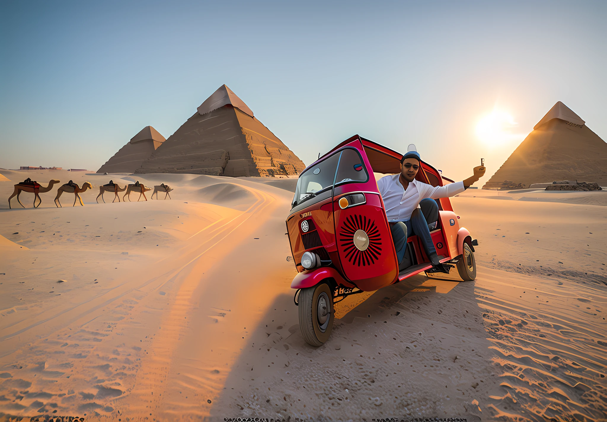 Use the same photo of prompt or ControlNet, identical: 1.6, Rubão17, photograph of Ruby: 1.5, driving an Egyptian Tuk Tuk in the freight of the pyramids, camels around, pueira, heat, tanned skin, use the same photo of ControlNet: 1.5, identical to the example photo: photo realism, realistic photo, intricate realism, cinematic light, 1.5, Randy Vargas, cinematic rendering