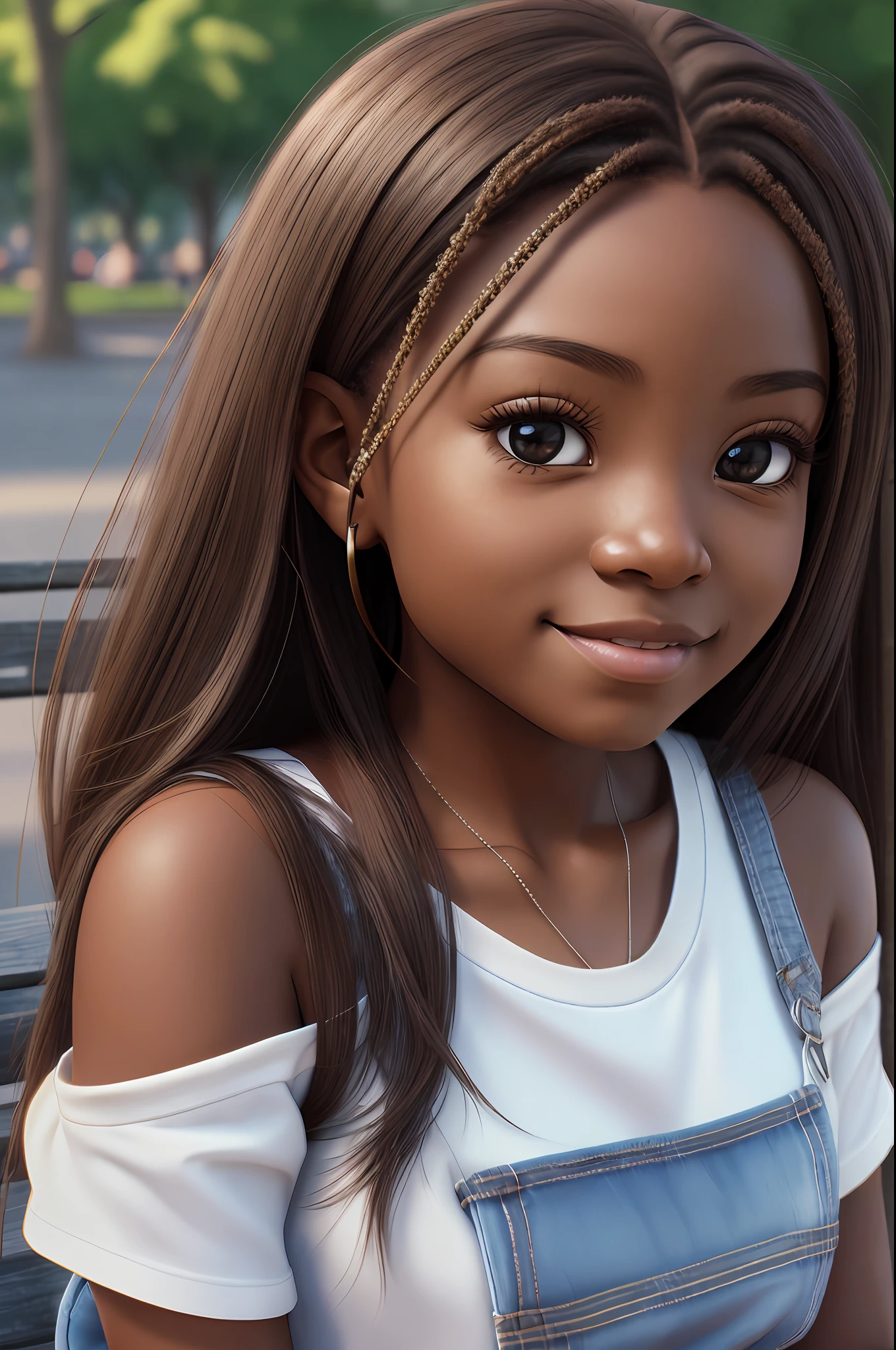 realistic portrait of cute 9  African American little giark skin color)) drinking coffee, ((chibi)), cute smile, ((sitting on a park bench)), wearing white T-shirt and jeans, current fashion, long hair mega hair, ((kanekalon)), background dark lighting, close-up, product view, detailed facial details, perfect face, sharpness, trend art, sharp facial details, cgsociety, ultra high quality digital art , exquisite hyper details, 4k, 8k soft lighting, dreamy  fashion --auto --s2