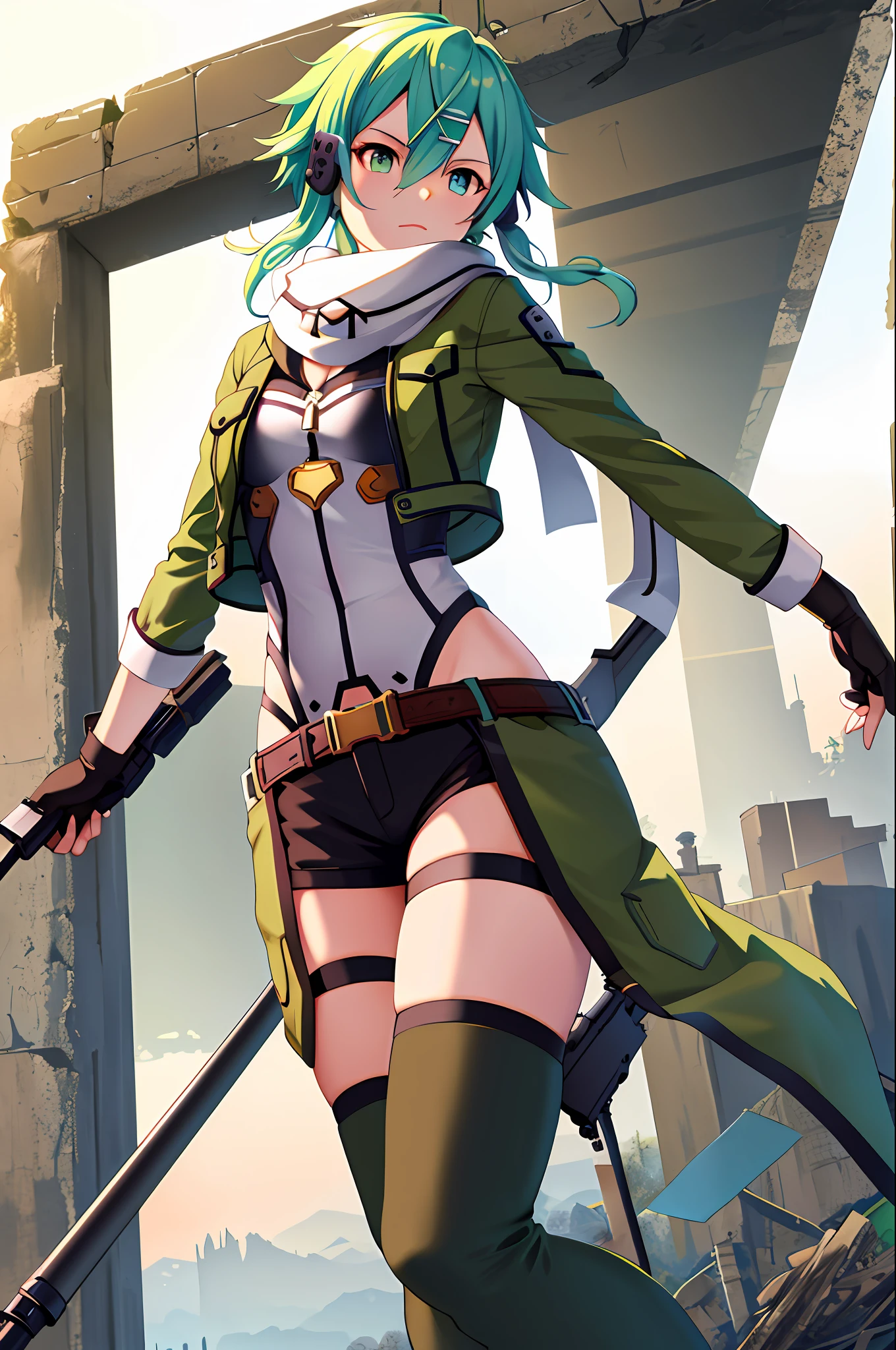 masterpiece, best quality, highres, 1girl, sinon1, scarf, fingerless gloves, long sleeves, short shorts, hair ornament, hairclip, green thighhighs, green jacket, thigh strap, cowboy shot, holding weapon, sniper rifle, ruins,