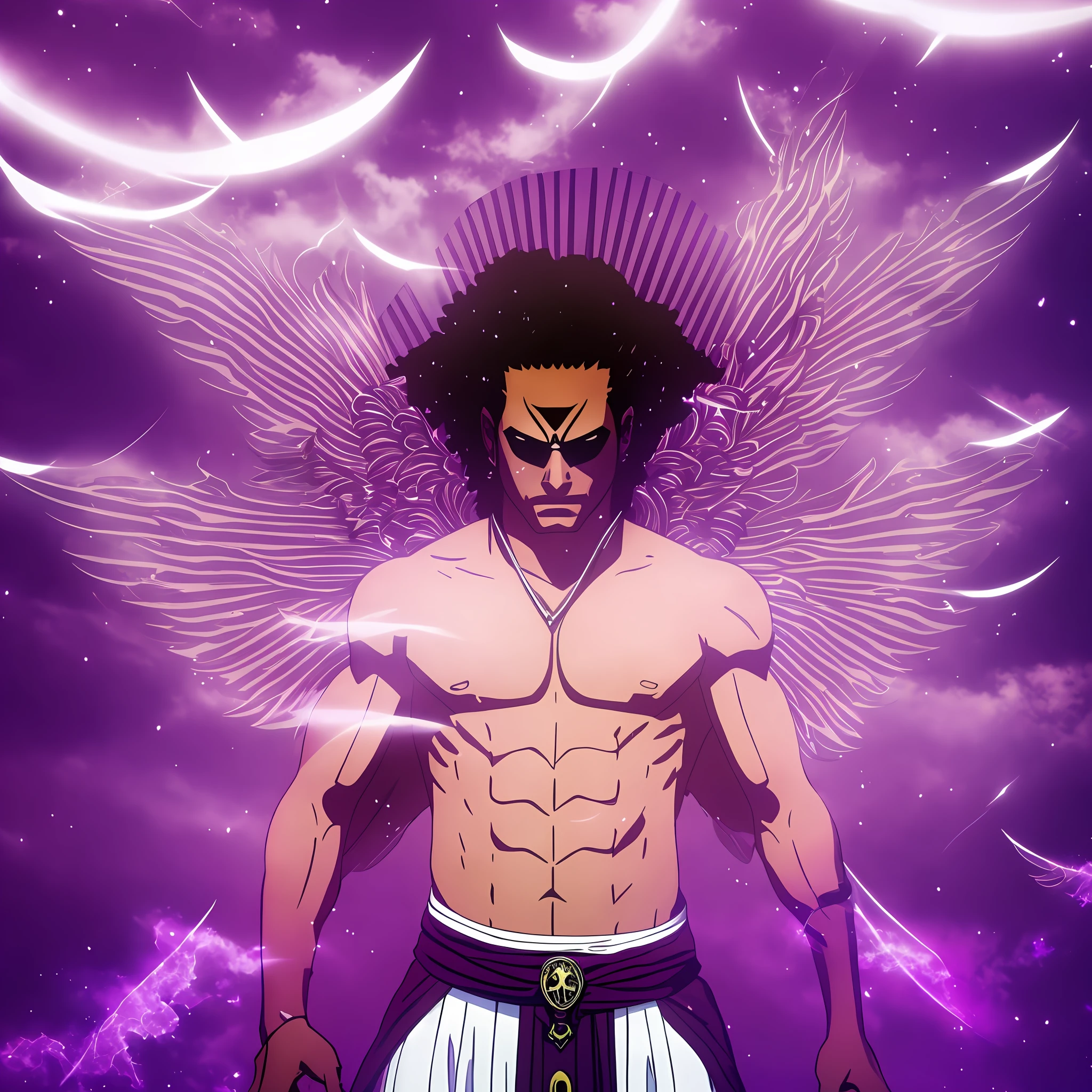 Brown boy,tall,katana of rays,purple wings,background with islands in the sky,white aura with purple
