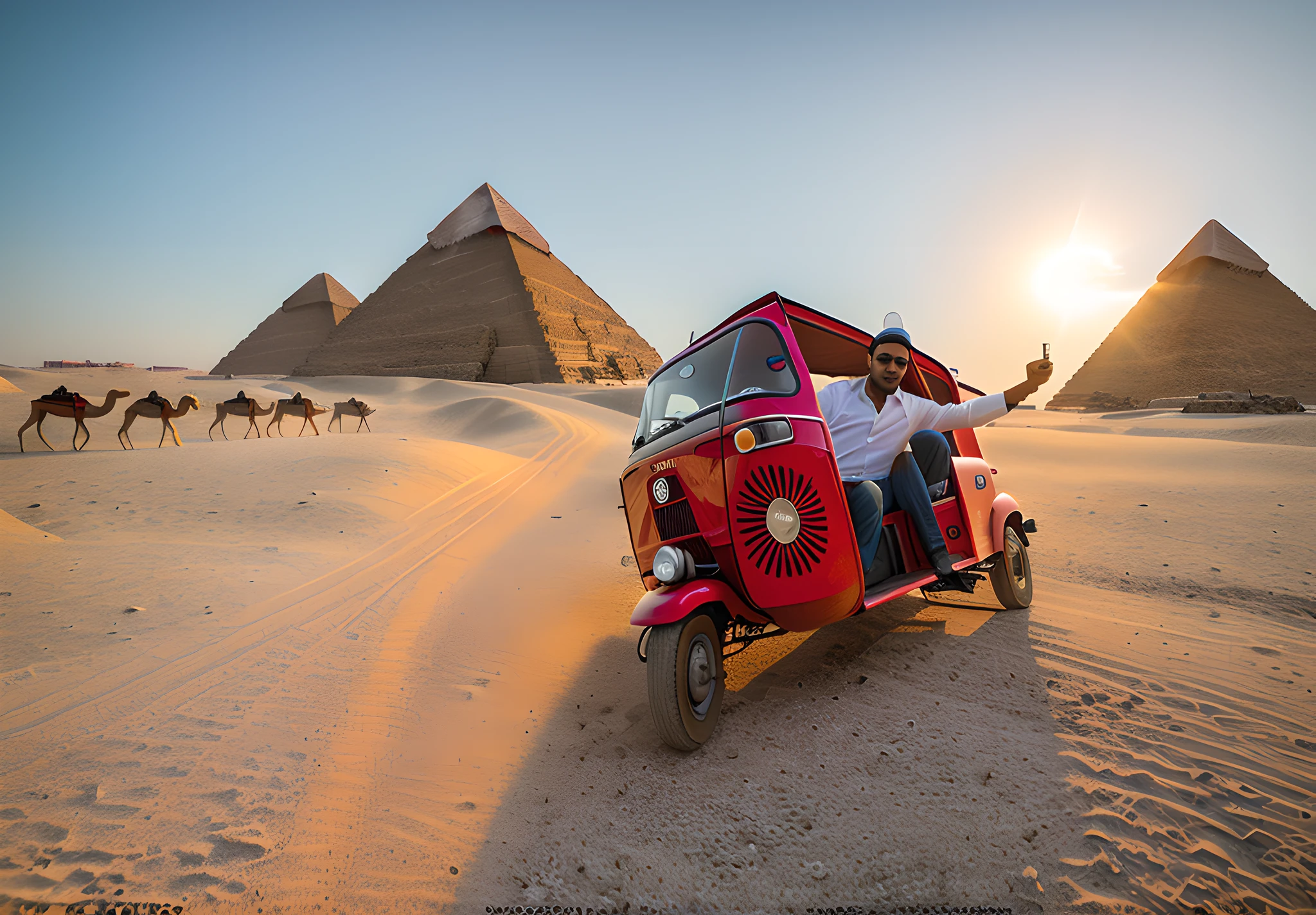 Use the same photo of prompt or ControlNet, identical: 1.6, Rubão17, photograph of Ruby: 1.5, driving an Egyptian Tuk Tuk in the freight of the pyramids, camels around, pueira, heat, tanned skin, use the same photo of ControlNet: 1.5, identical to the example photo: photo realism, realistic photo, intricate realism, cinematic light, 1.5, Randy Vargas, cinematic rendering