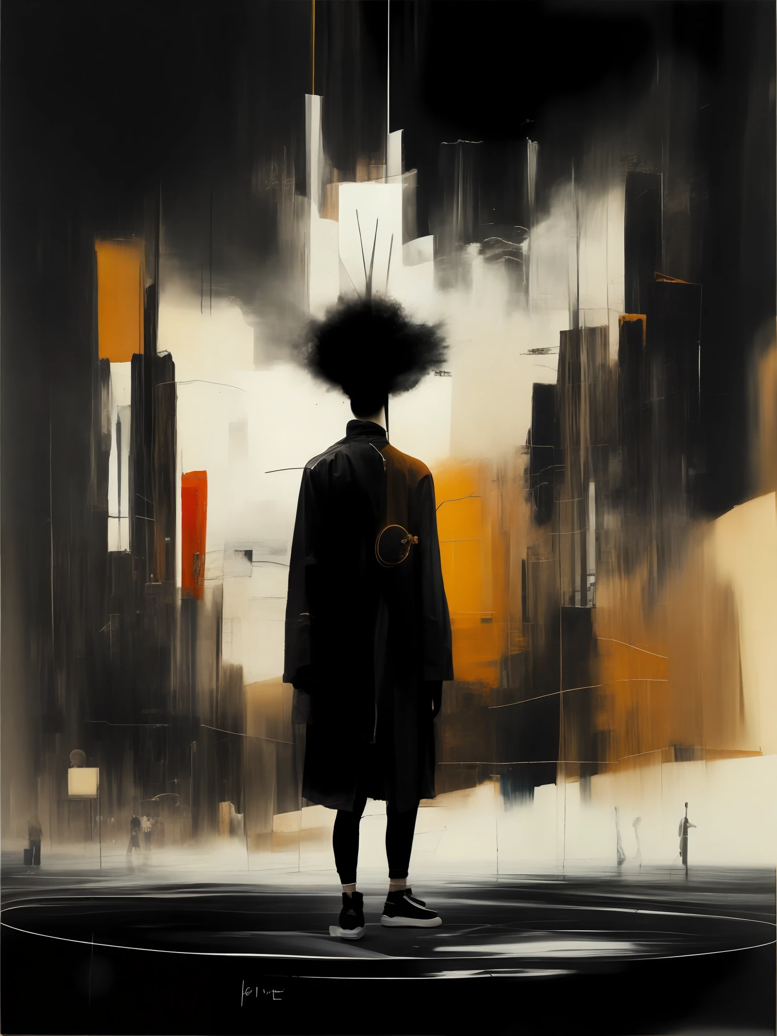 a painting of a person standing in the middle of a city,