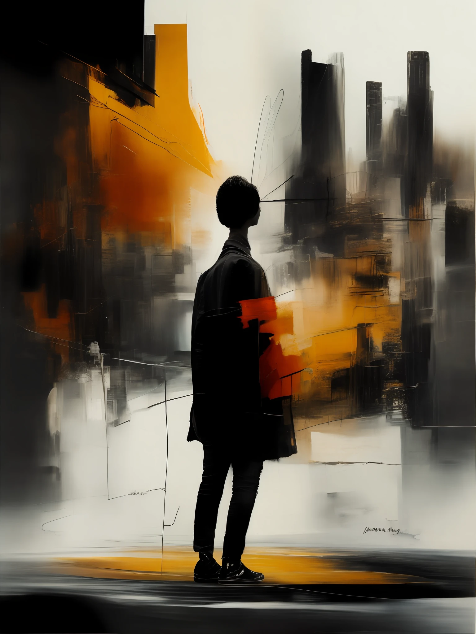 a painting of a person standing in the middle of a city,
