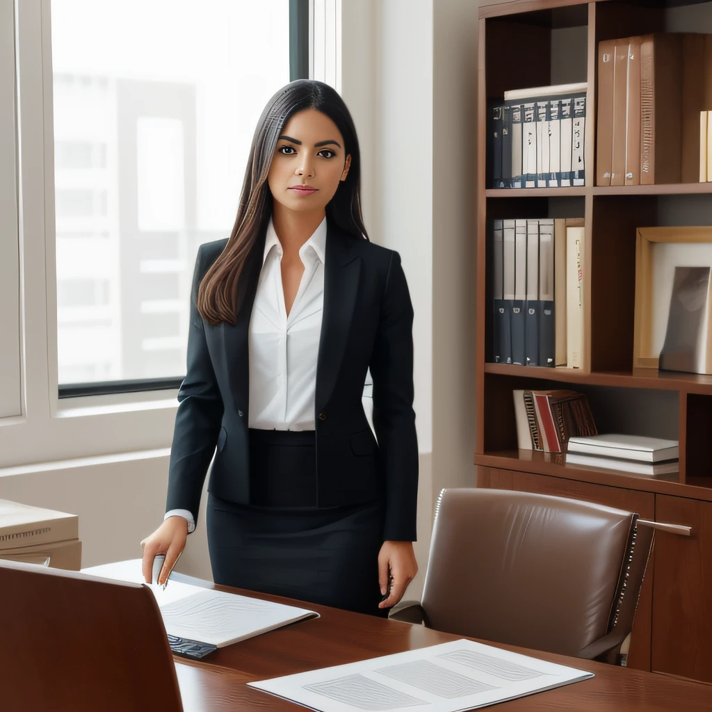 A lawyer looking straight into the camera, authentic and unique in her office. White skin, dark hair, eyes and eyebrows, contrasting with his fair skin. Very small and delicate face. She's dressed elegantly, with a knee-length black pencil skirt, accompanied by a white silk blouse with a discreet neckline and a loose navy blazer tossed casually over her shoulders. Her hair is loose to her shoulders, giving a feminine and modern touch to her professional appearance. The office is lit by natural light coming from a large window, giving the scene a warm tone. The lawyer is standing, leaning on the edge of her rustic wooden desk, surrounded by a mix of legal documents, law books and an open laptop. In one hand rests lightly on the table, next to a nearly empty coffee cup. Her expression is one of determination and focus, her eyes fixed on a point outside the frame, as if she's thinking about her next move. The back of the office has a bookshelf filled with volumes old and new, with some diplomas and awards hanging on the wall next to it. The office itself feels alive and personal, with green plants here and there, photos in frames, and small art objects scattered about, reflecting his authentic, individualistic personality. The image should convey the essence of a lawyer who is confident, intelligent and independent, who is not afraid to stand out and do things her way
