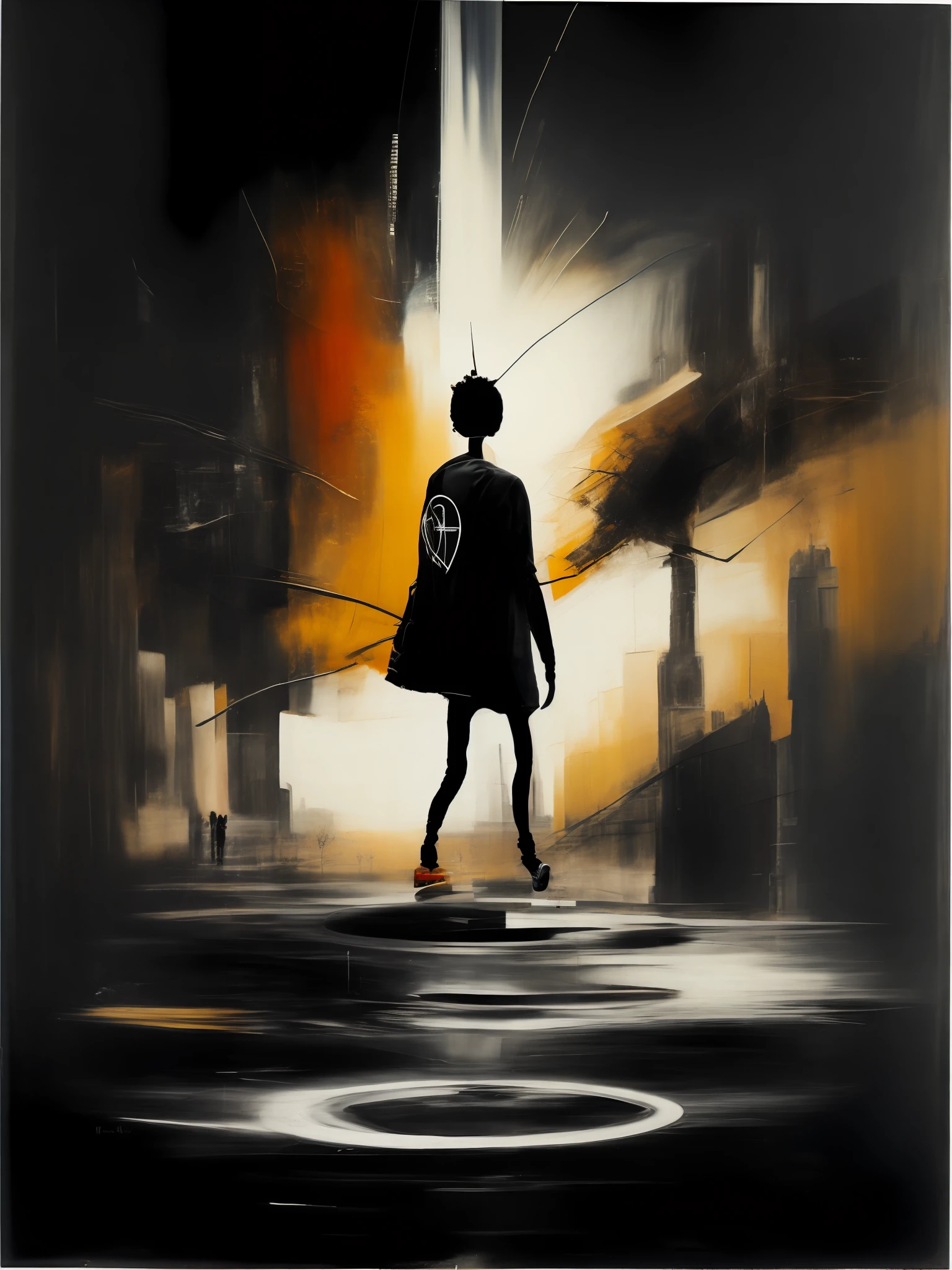 a painting of a person standing in the middle of a city,