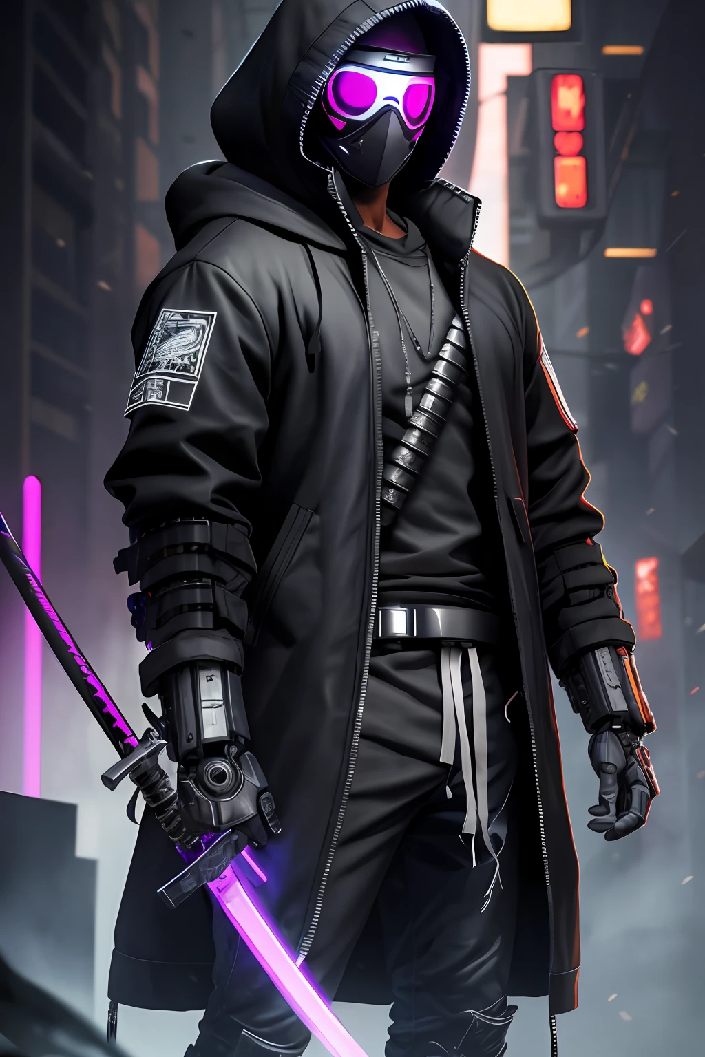 A guy with a black whole face mask wearing an oversized black hoodie coat, with mechanical elements and katana attached, black light, cyberpunk, hyperrealism, photorealistic, 8k, unreal engine, 3d render --auto --s2