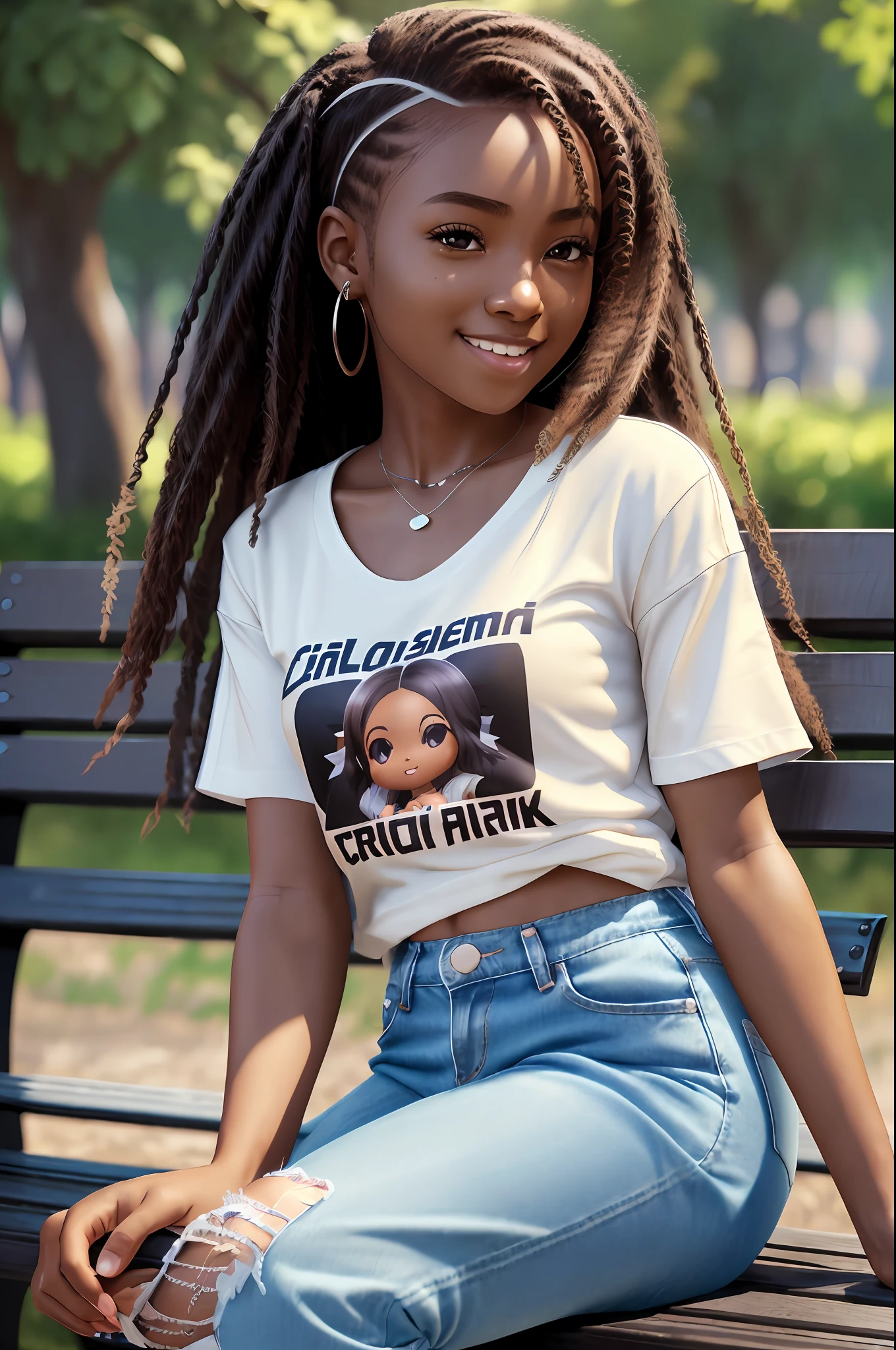realistic portrait of cute 9 month old African American ((dark skin color)) drinking coffee, ((chibi)), cute smile, ((sitting on a park bench)), wearing white T-shirt and jeans, current fashion, long hair mega hair, ((kanekalon)), background dark lighting, close-up, product view, detailed facial details, perfect face, sharpness, trend art, sharp facial details, cgsociety, ultra high quality digital art , exquisite hyper details, 4k, 8k soft lighting, dreamy fashion --auto --s2