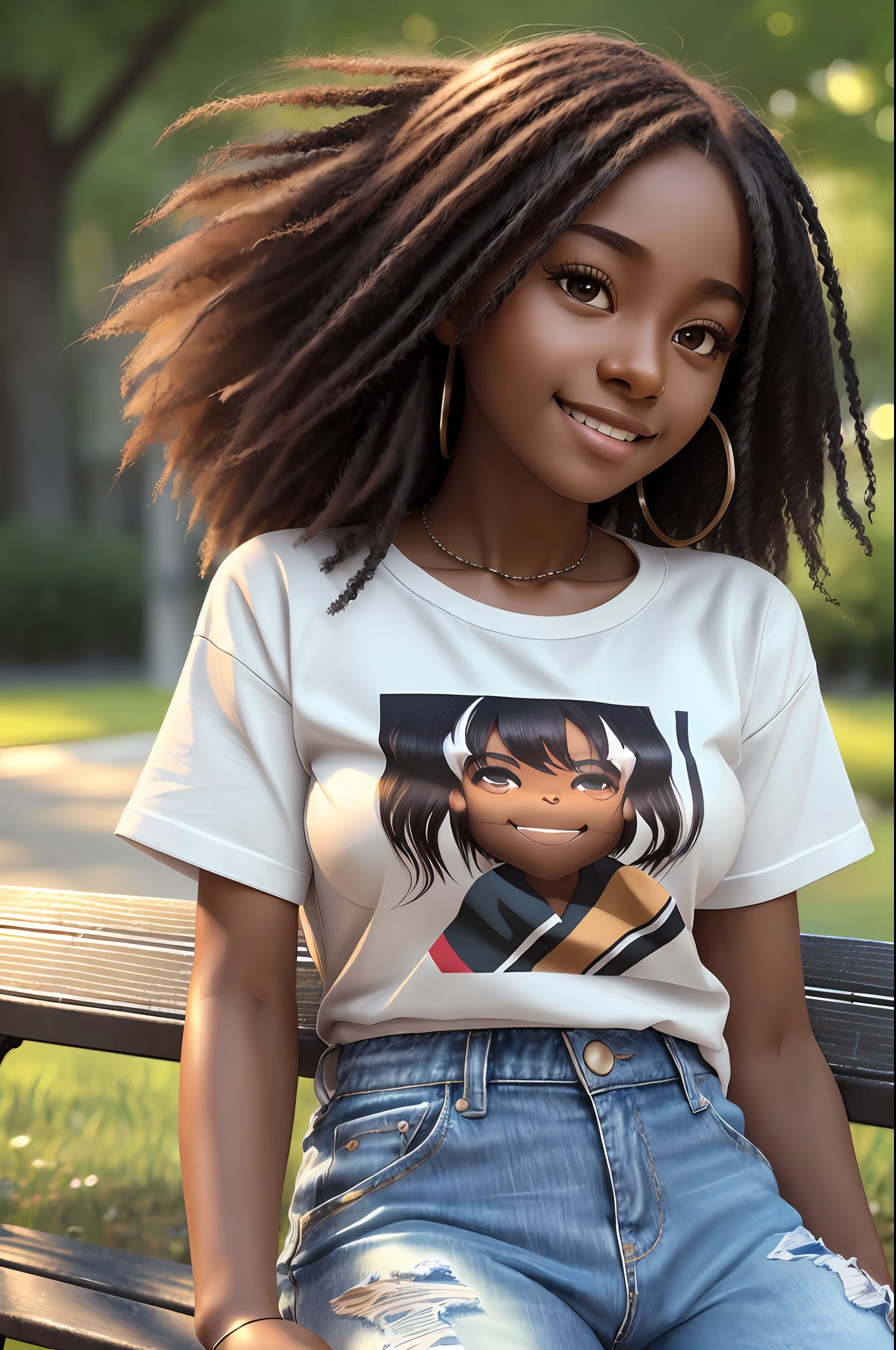 realistic portrait of cute 9 month old African American little girl ((dark skin color)) drinking coffee, ((chibi)), cute smile, ((sitting on a park bench)), wearing white T-shirt and jeans, current fashion, long hair mega hair, ((kanekalon)), background dark lighting, close-up, product view, detailed facial details, perfect face, sharpness, trend art, sharp facial details, cgsociety, ultra high quality digital art , exquisite hyper details, 4k, 8k soft lighting, dreamy fashion --auto --s2