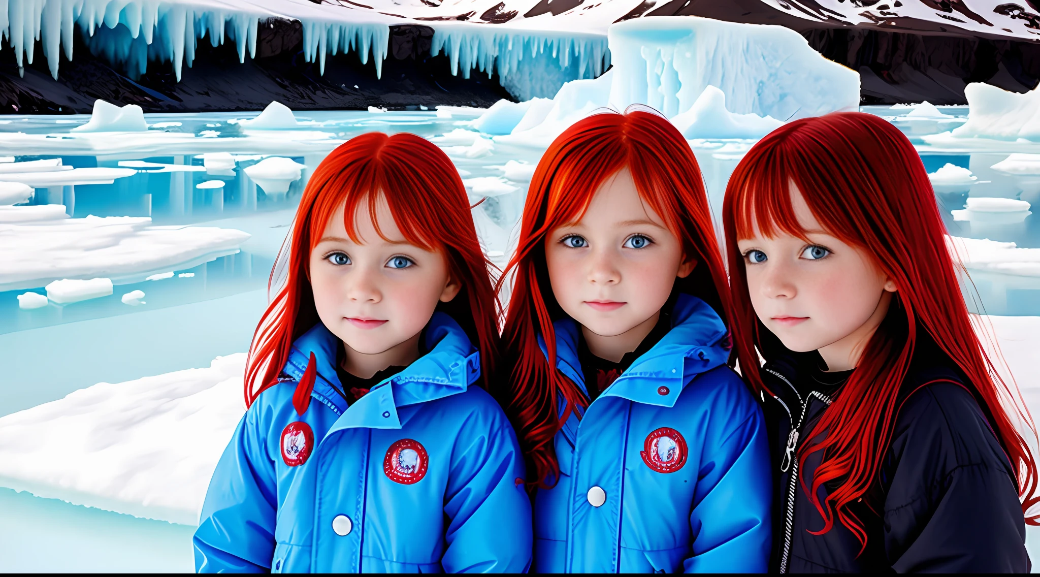 girls red-haired children WITH STRAIGHT HAIR, BACKGROUND blue peroil, ice very ice.