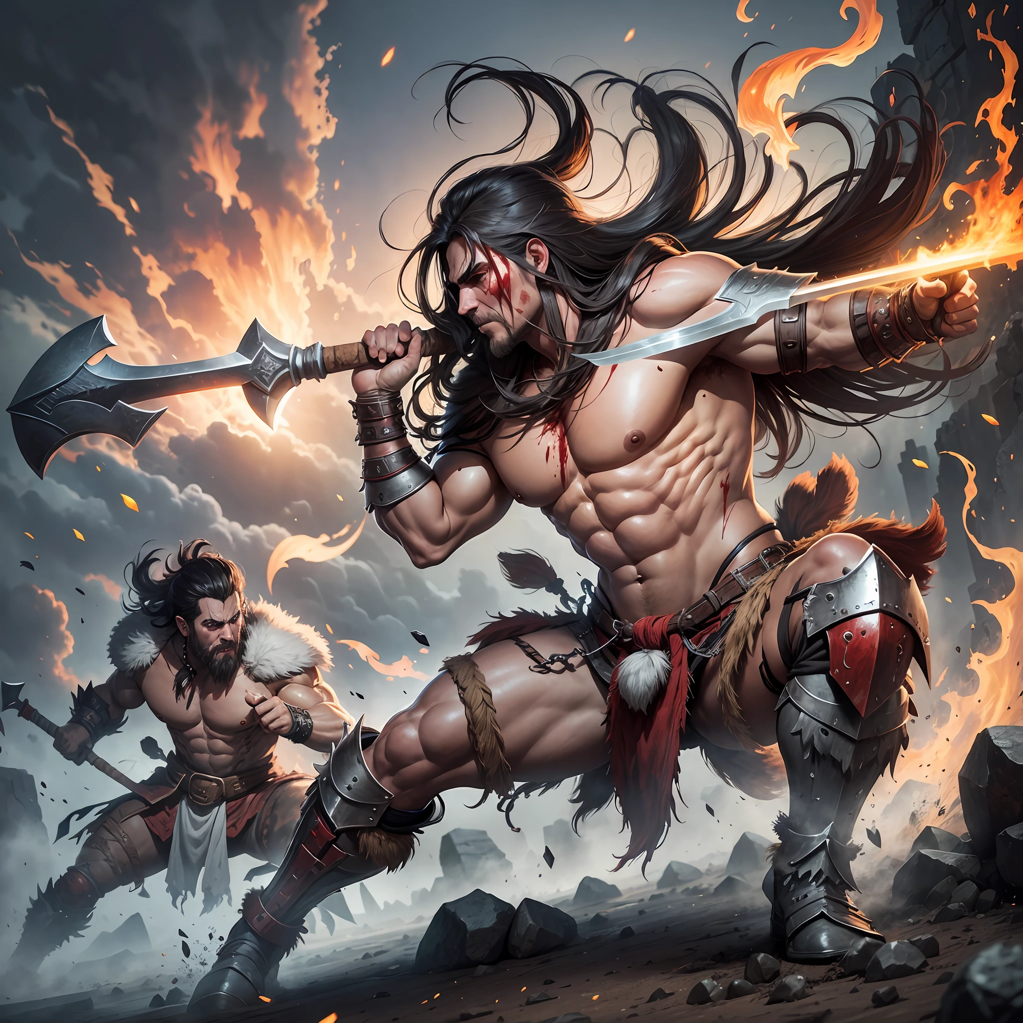 Barbarian warrior, full of blood, holding two axes, attack position