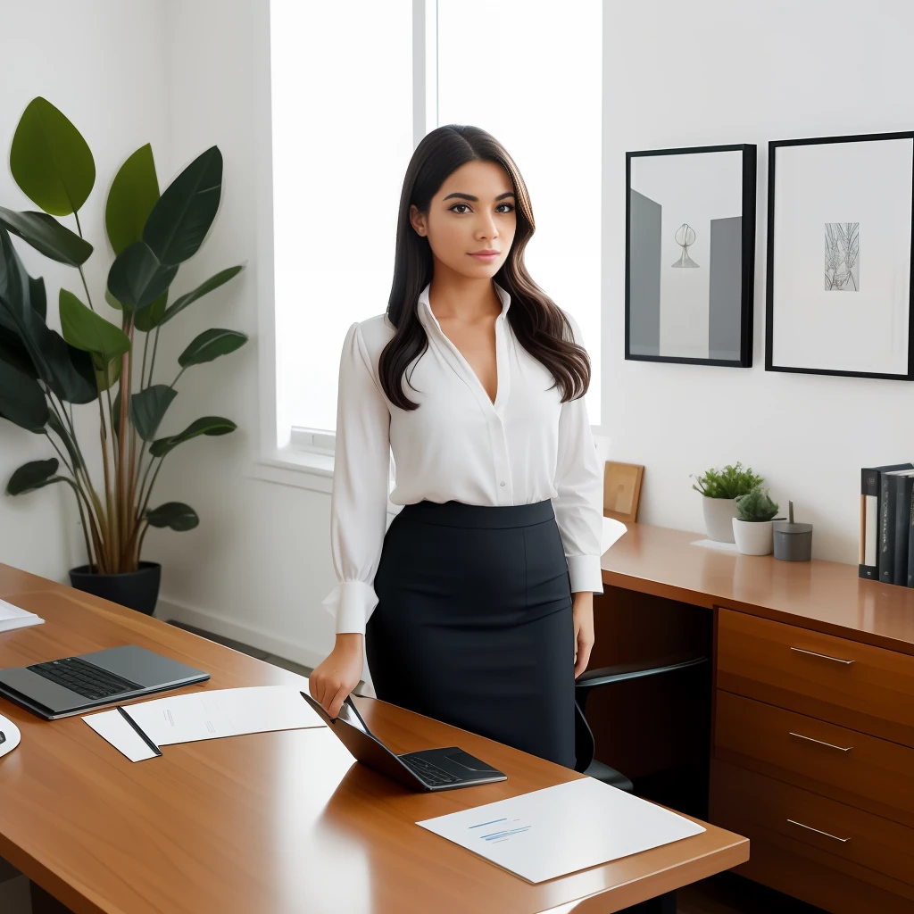 A lawyer looking straight into the camera, authentic and unique in her office. White skin, dark hair, eyes and eyebrows, contrasting with his fair skin. Very small and delicate face. She's dressed elegantly, with a knee-length black pencil skirt, accompanied by a white silk blouse with a discreet neckline and a loose navy blazer tossed casually over her shoulders. Her hair is loose to her shoulders, giving a feminine and modern touch to her professional appearance. The office is lit by natural light coming from a large window, giving the scene a warm tone. The lawyer is standing, leaning on the edge of her rustic wooden desk, surrounded by a mix of legal documents, law books and an open laptop. In one hand rests lightly on the table, next to a nearly empty coffee cup. Her expression is one of determination and focus, her eyes fixed on a point outside the frame, as if she's thinking about her next move. The back of the office has a bookshelf filled with volumes old and new, with some diplomas and awards hanging on the wall next to it. The office itself feels alive and personal, with green plants here and there, photos in frames, and small art objects scattered about, reflecting his authentic, individualistic personality. The image should convey the essence of a lawyer who is confident, intelligent and independent, who is not afraid to stand out and do things her way