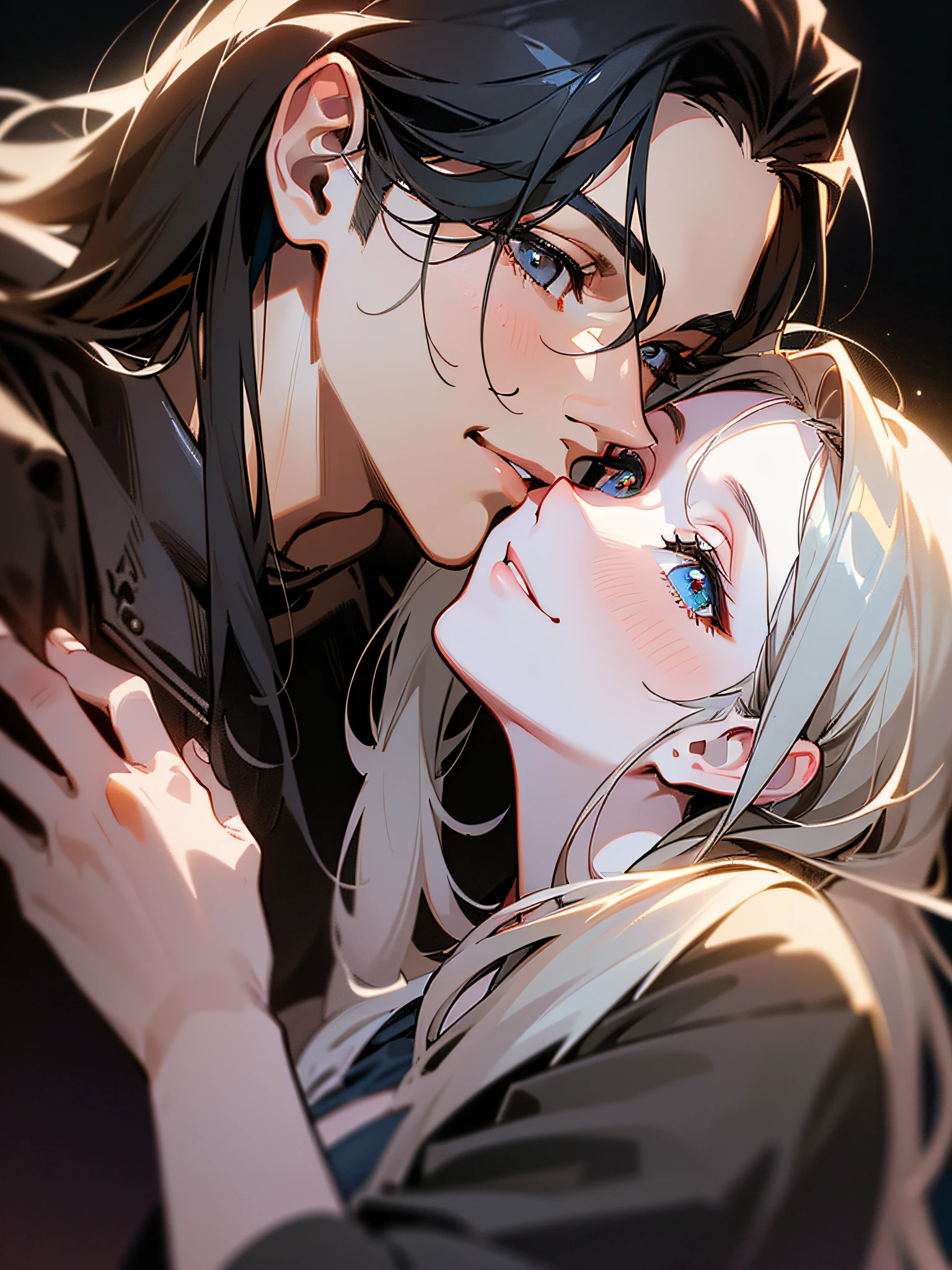 Masterpiece, Superb Clothing, (Illustration), ((2 People)), ((Handsome Young Couple Kissing and Hugging), (Russian Mill Style), Fashion, Leather Jacket, (Long Hair), (Happy), (White Skin), (Dark Circles), Handsome, Party, Toast, Trend, Dark Gray,, Close Up, (Grand Background), (Chiaroscuro)), Fine Face Details, Facial Details, Cinematic Lighting, (Depth of Field), UHD, (Upper Body), Black Background