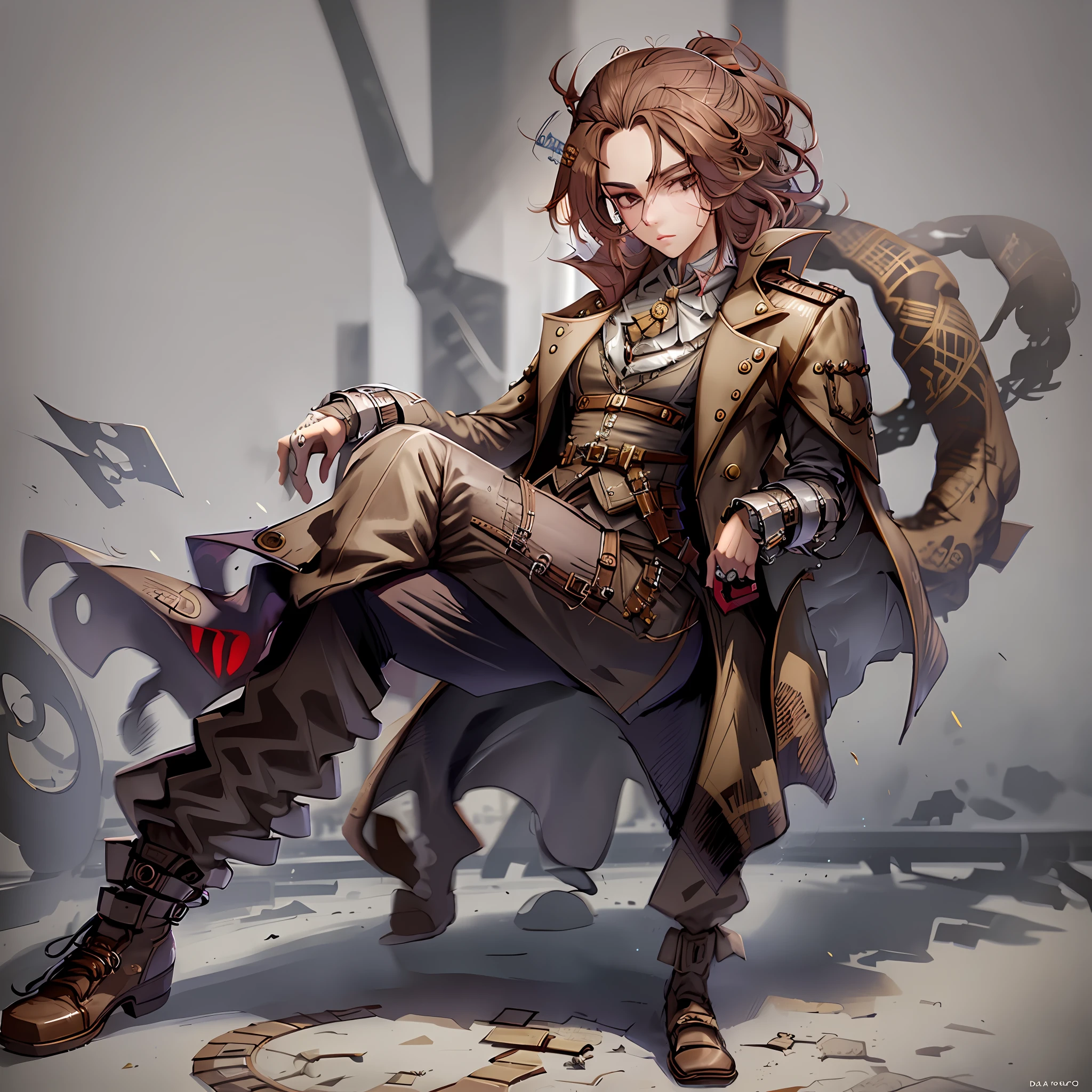 Create a stylish character with self brown hair and steampunk, gangster clothing