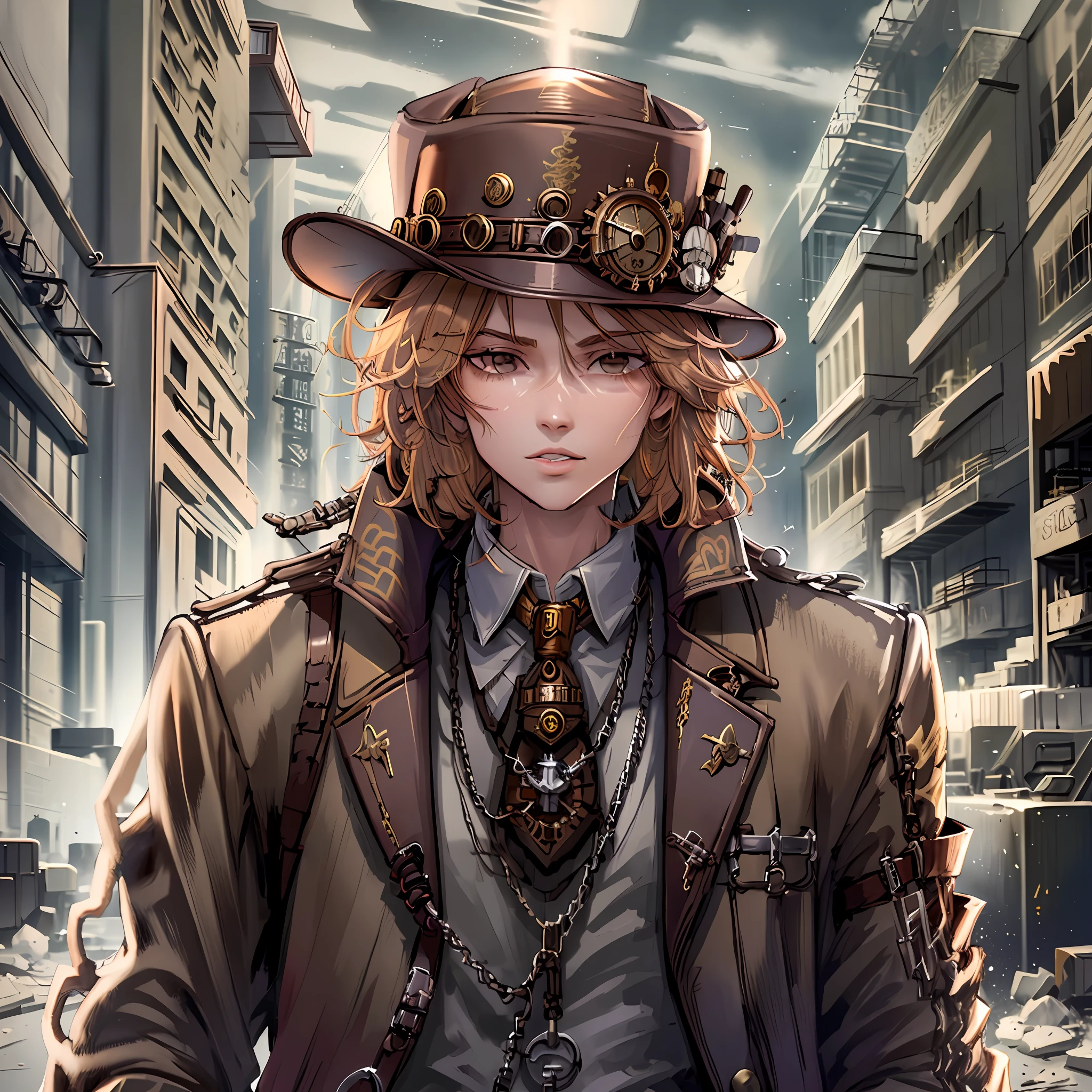 Create a stylish character with self brown hair and steampunk, gangster clothing