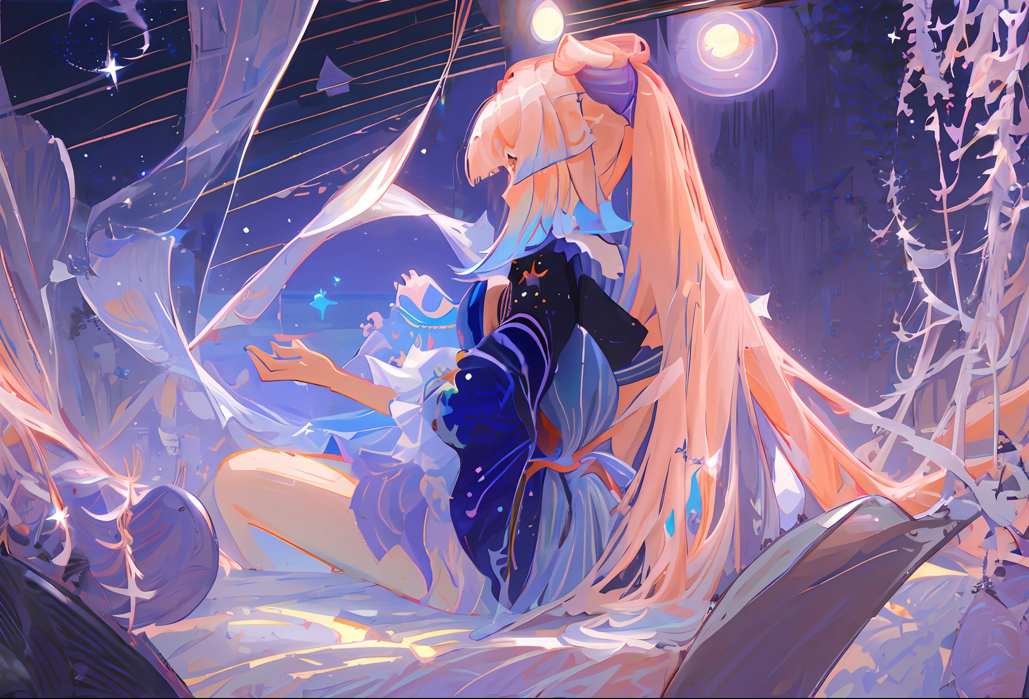 1girl solo,masterpiece,best quality,official art,extremely detailed CG unity 8k wallpaper, long pink hair, stars and moon, pink and lavender colors, pearls and seashells