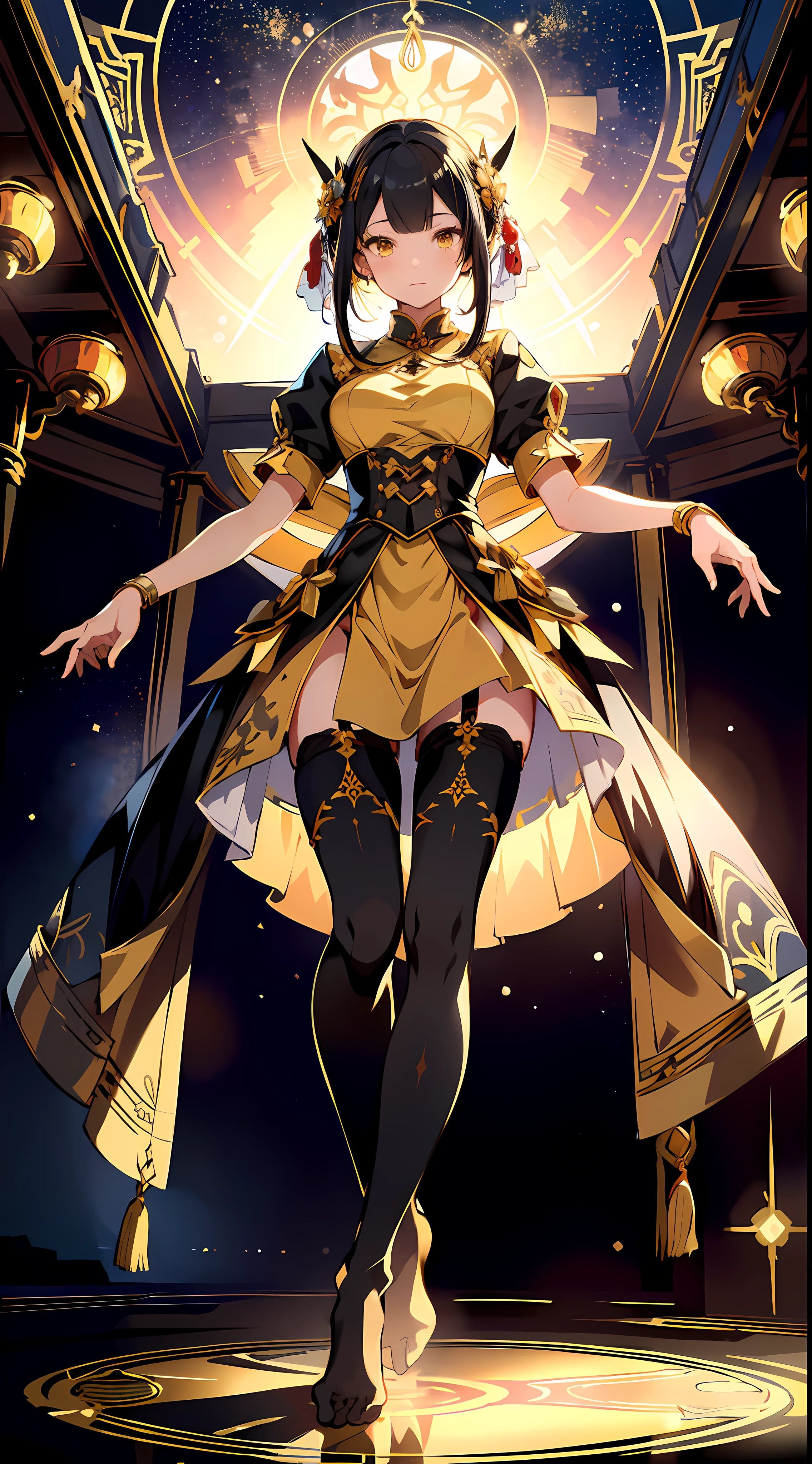 absurd res, high res, (masterpiece:1.4), ultra-detailed, 1girl, from below, space, floating, golden Chinese dress, yellow dress, stockings, black hair, gold eyes, yellow eyes, garter belt, the gap, aroused expression, yandere, full body, sole focus, bare feet, stepping on viewer, feet in black pantyhose